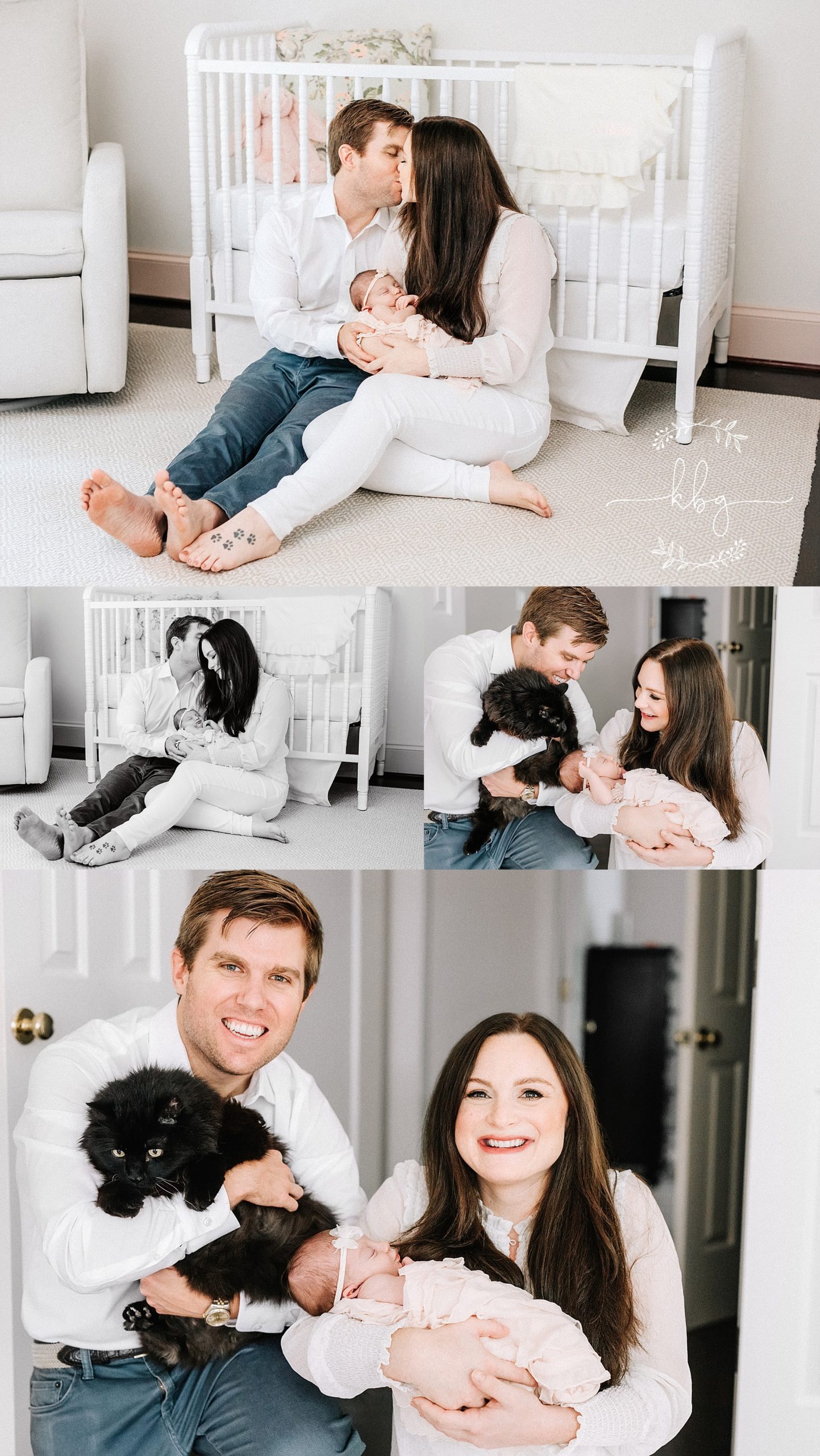 new parents holding baby girl with cat - atlanta in-home newborn session 