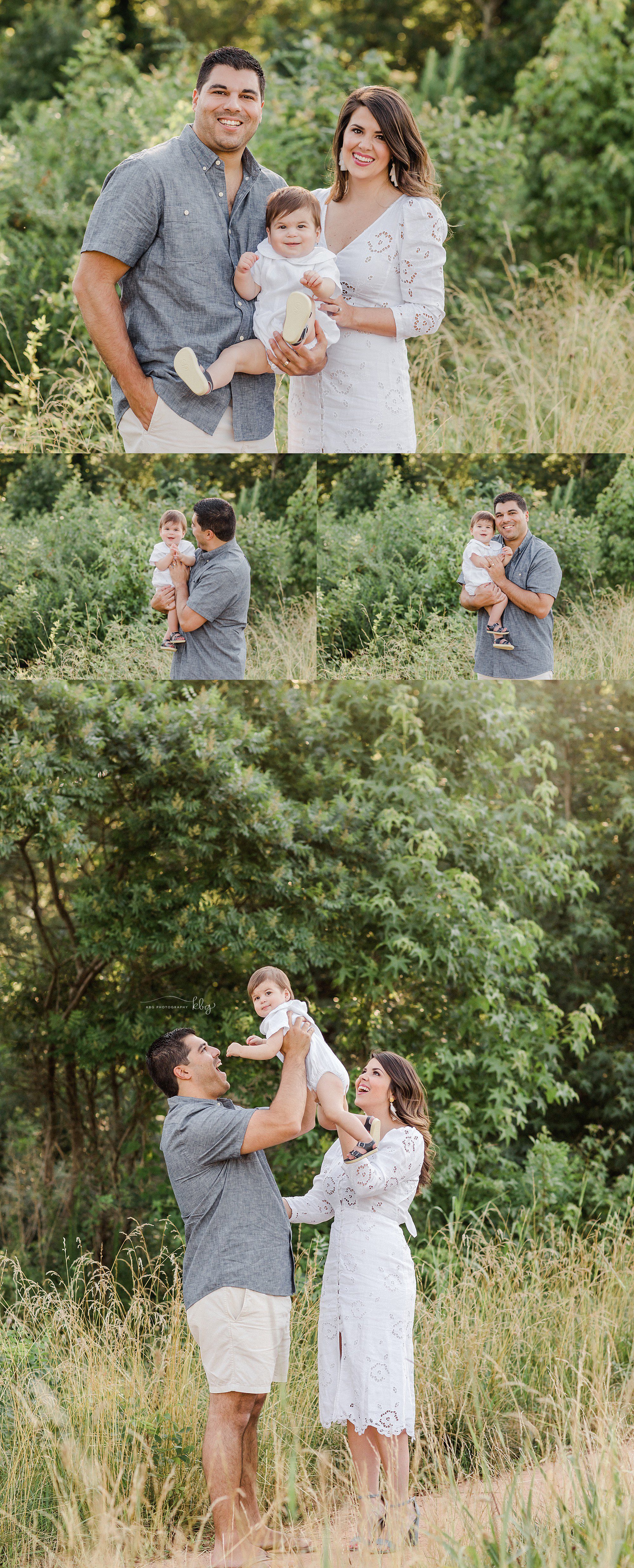 atlanta family photographer - family posing and smiling in a Marietta field