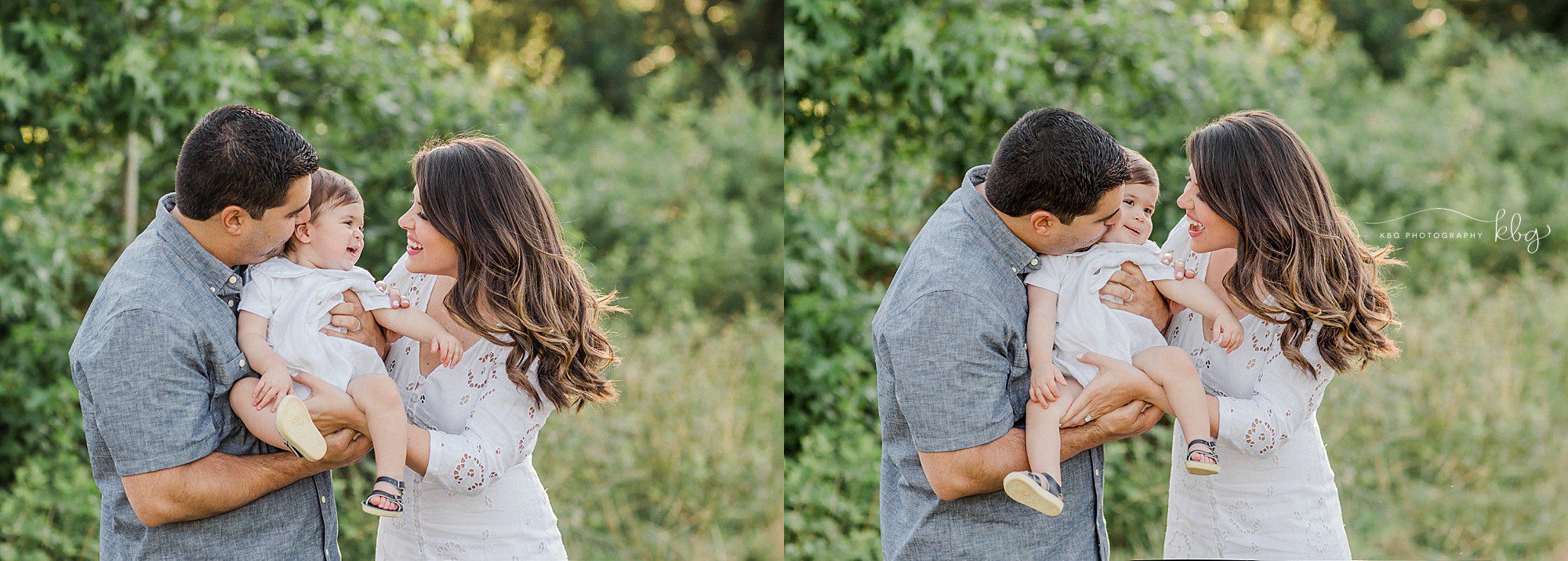 atlanta family photographer - mom and dad kissing baby in a field