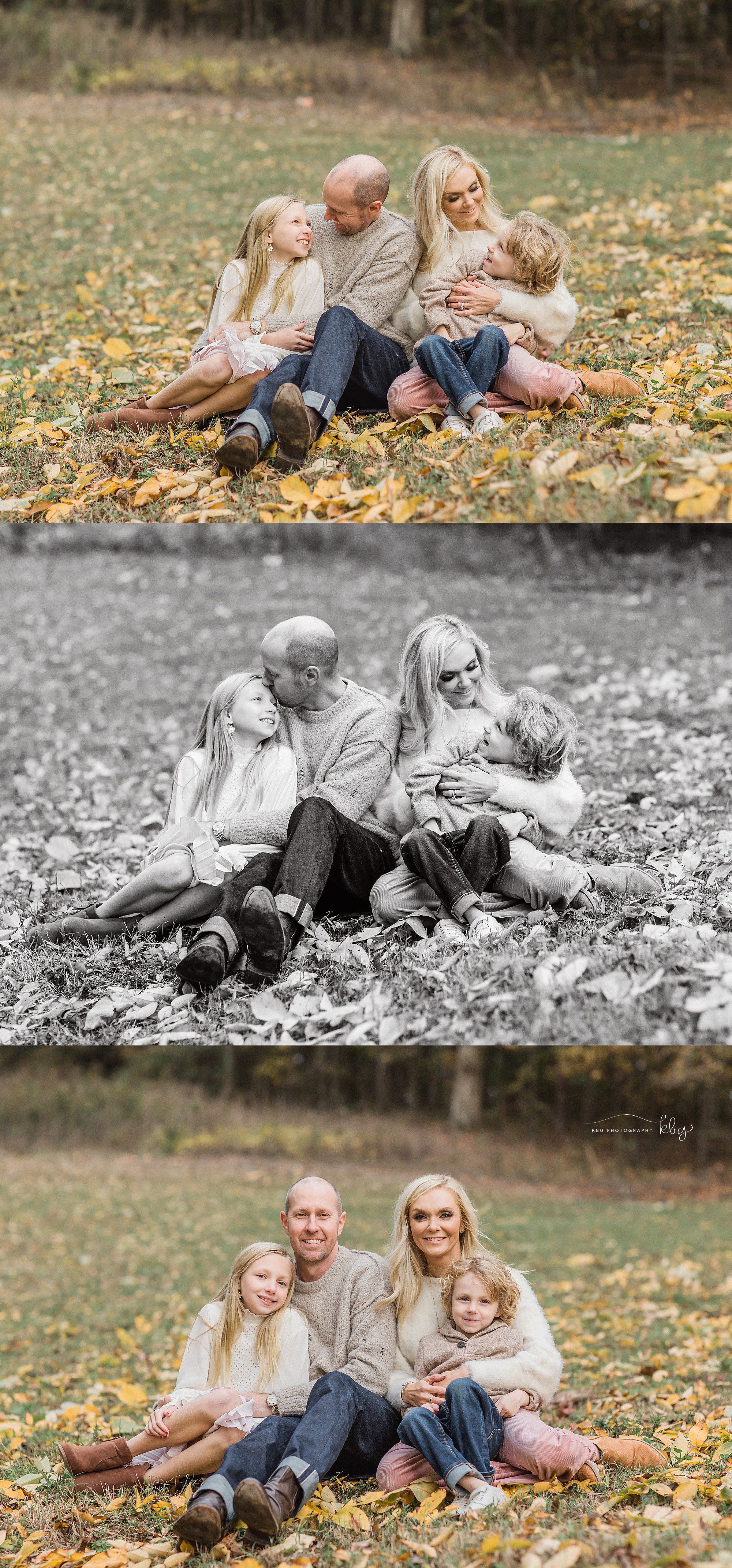 Family cuddling in a field of leaves - Marietta Family Photographer