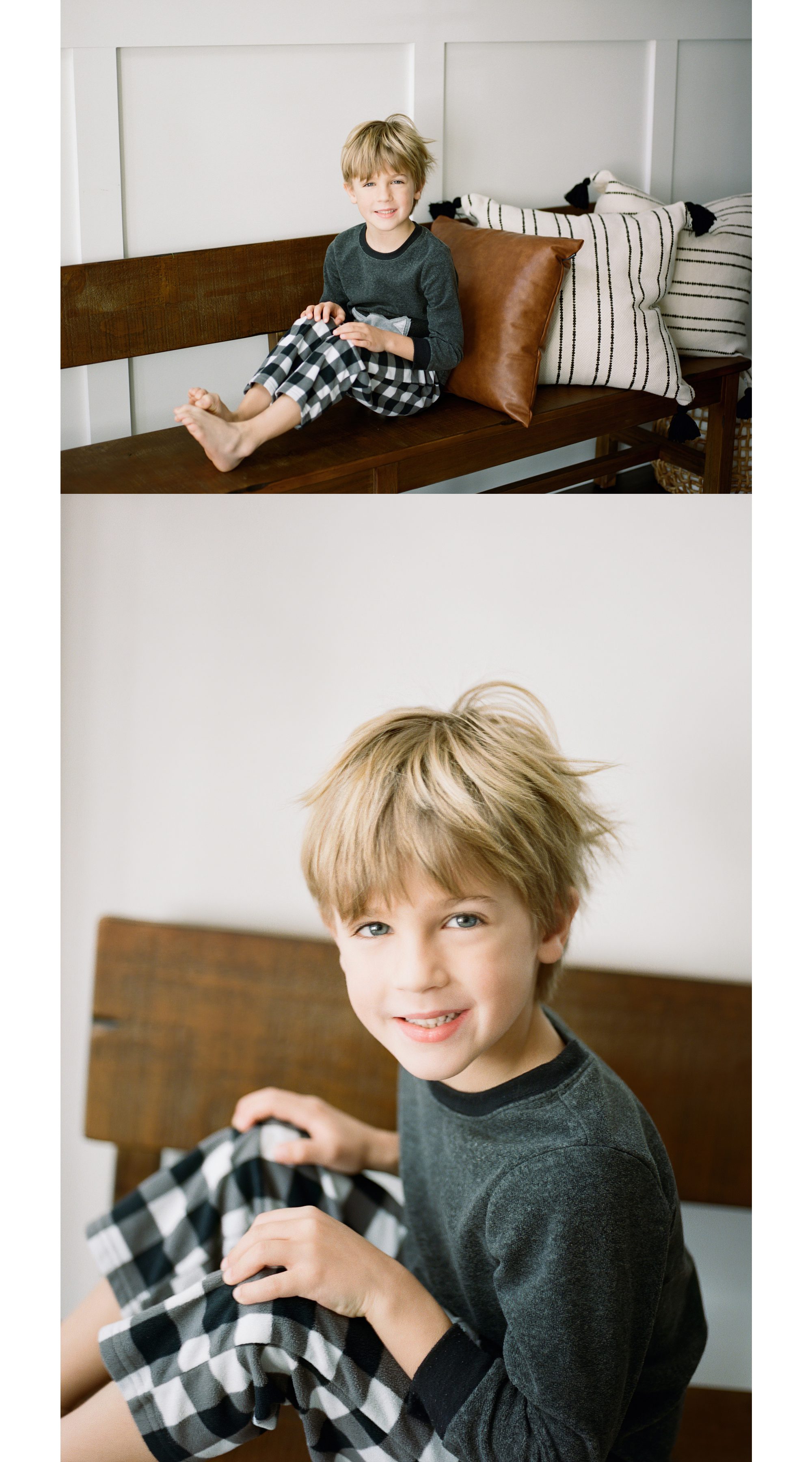 six year old boy in pajamas posing in his home - atlanta child photographer