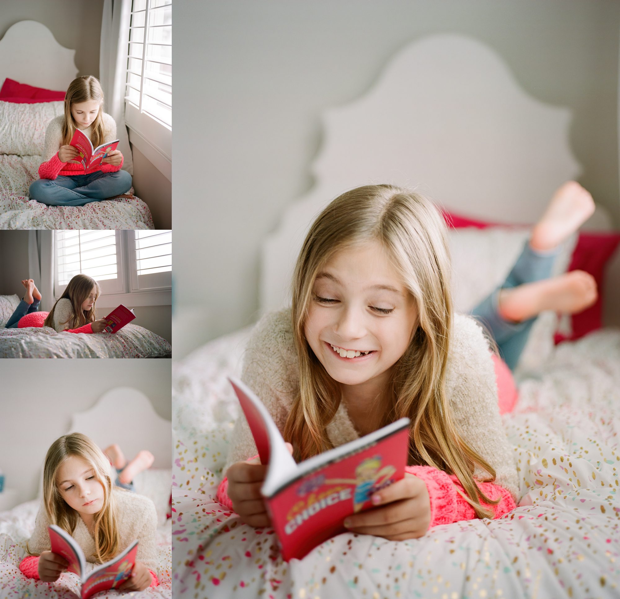 nine year old reading a chapter book on her bed - atlanta child photographer