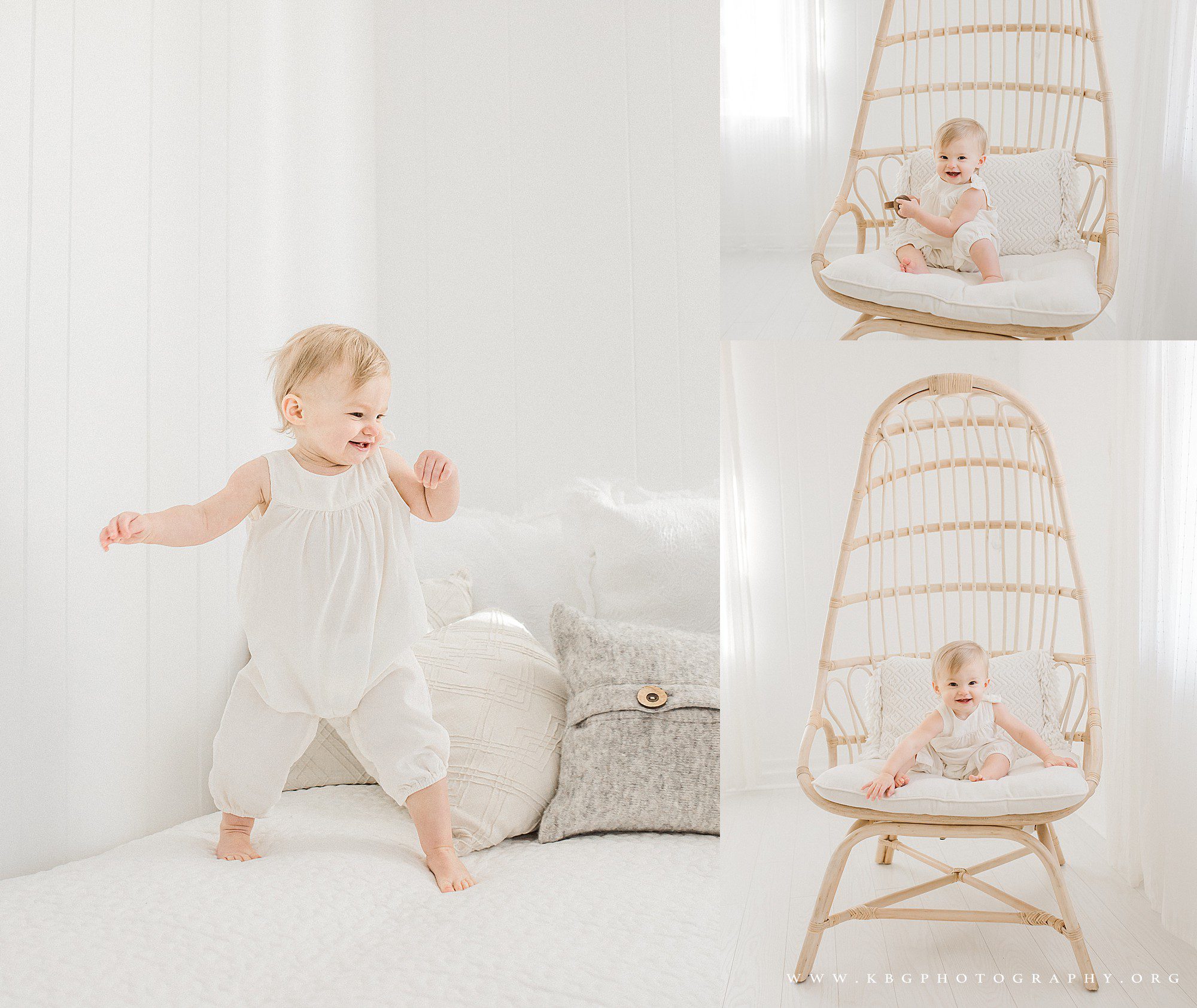 marietta photographer - one year old baby playing on the bed and sitting in a chair