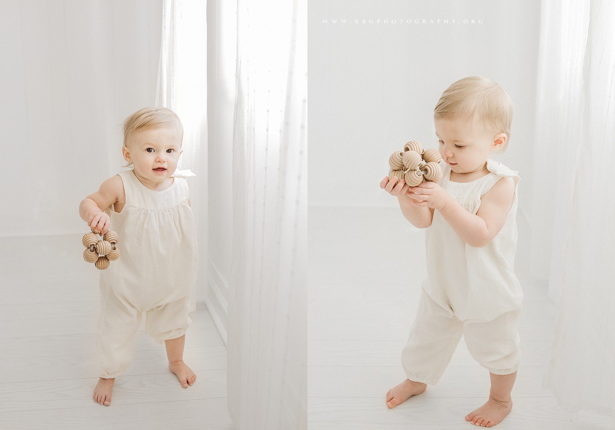 marietta newborn photographer - one year old baby standing up playing with a toy