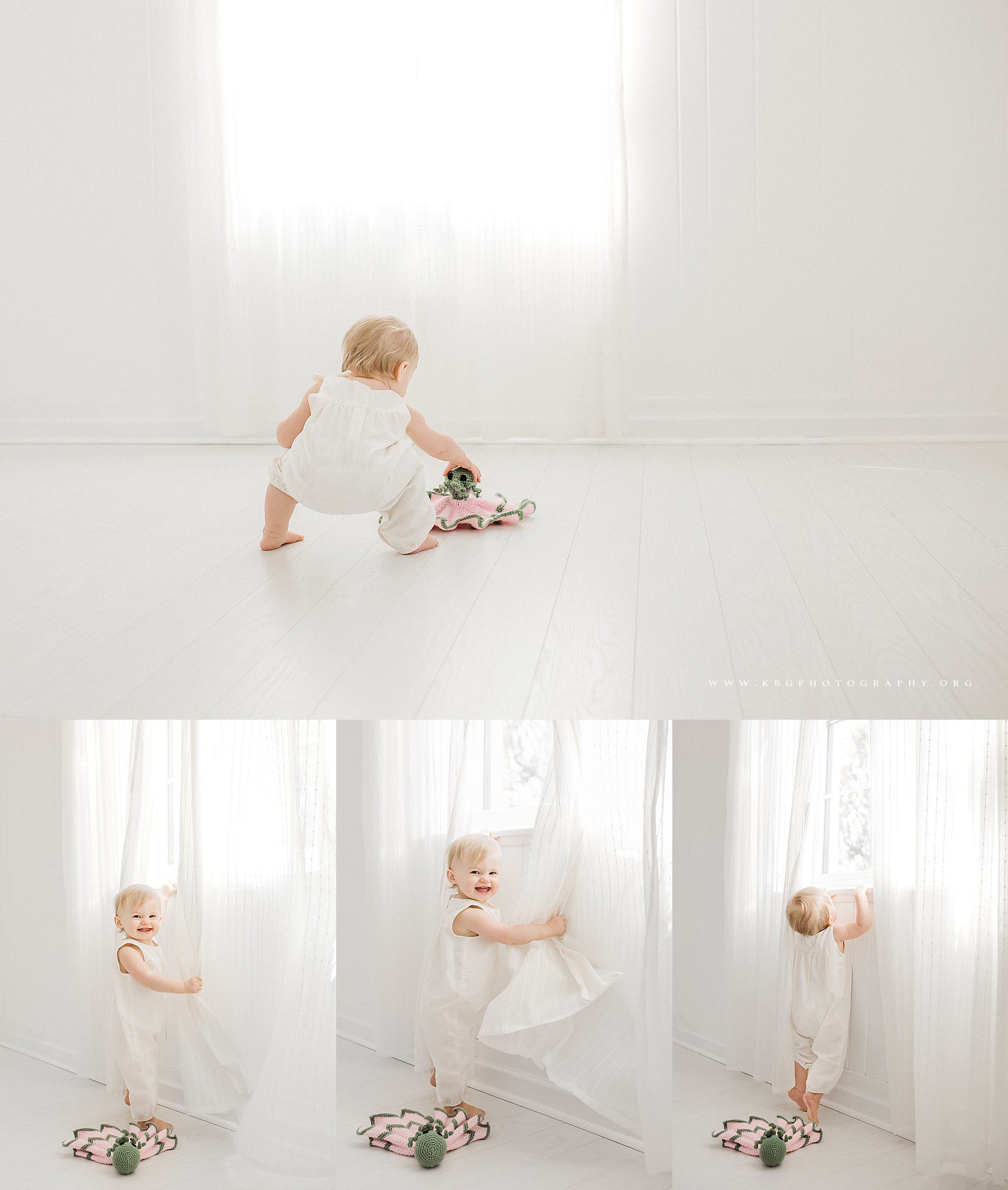 smyrna family photographer - one year old baby playing in the window curtain