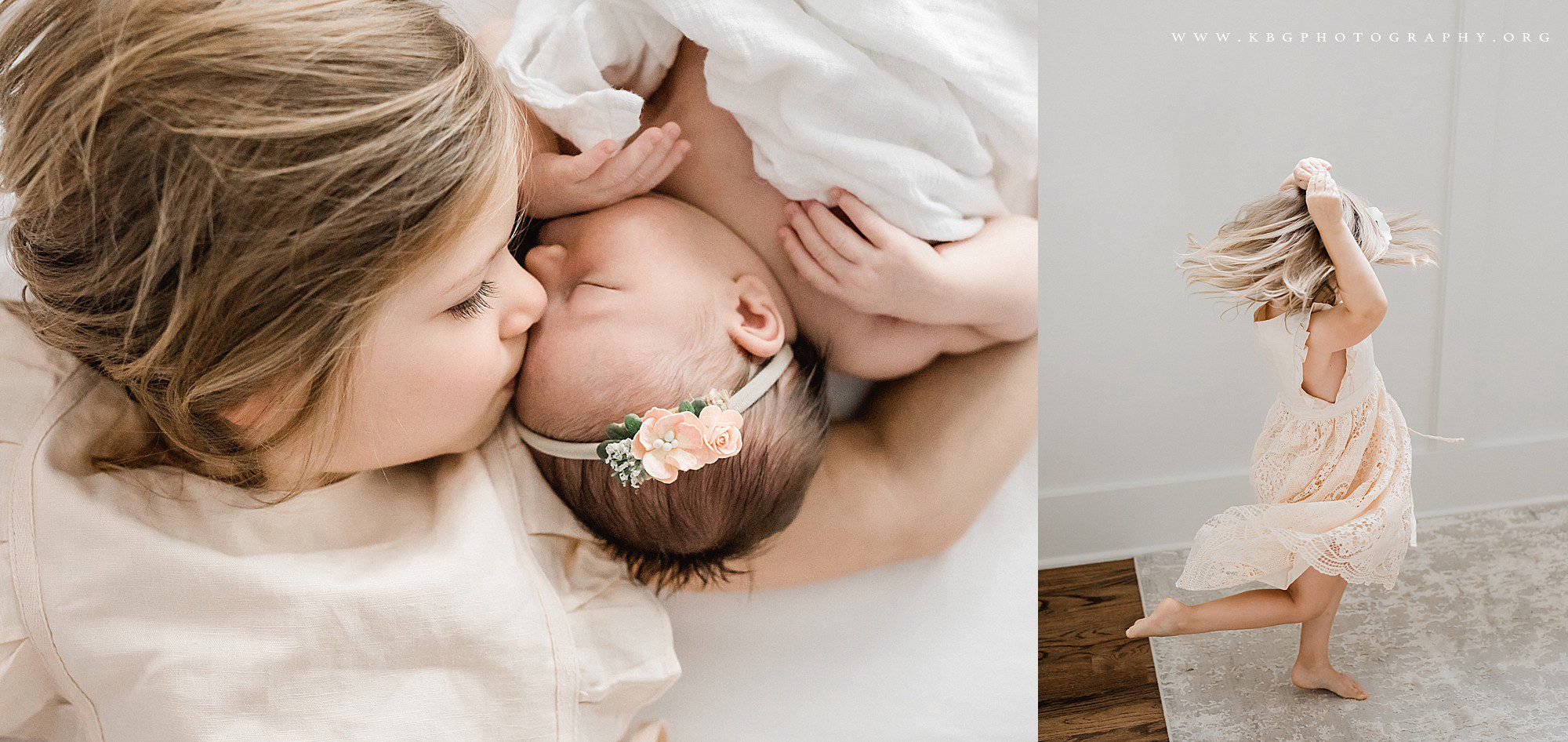 atlanta newborn photographer - big sister kissing little sister and big sister twirling in a dance