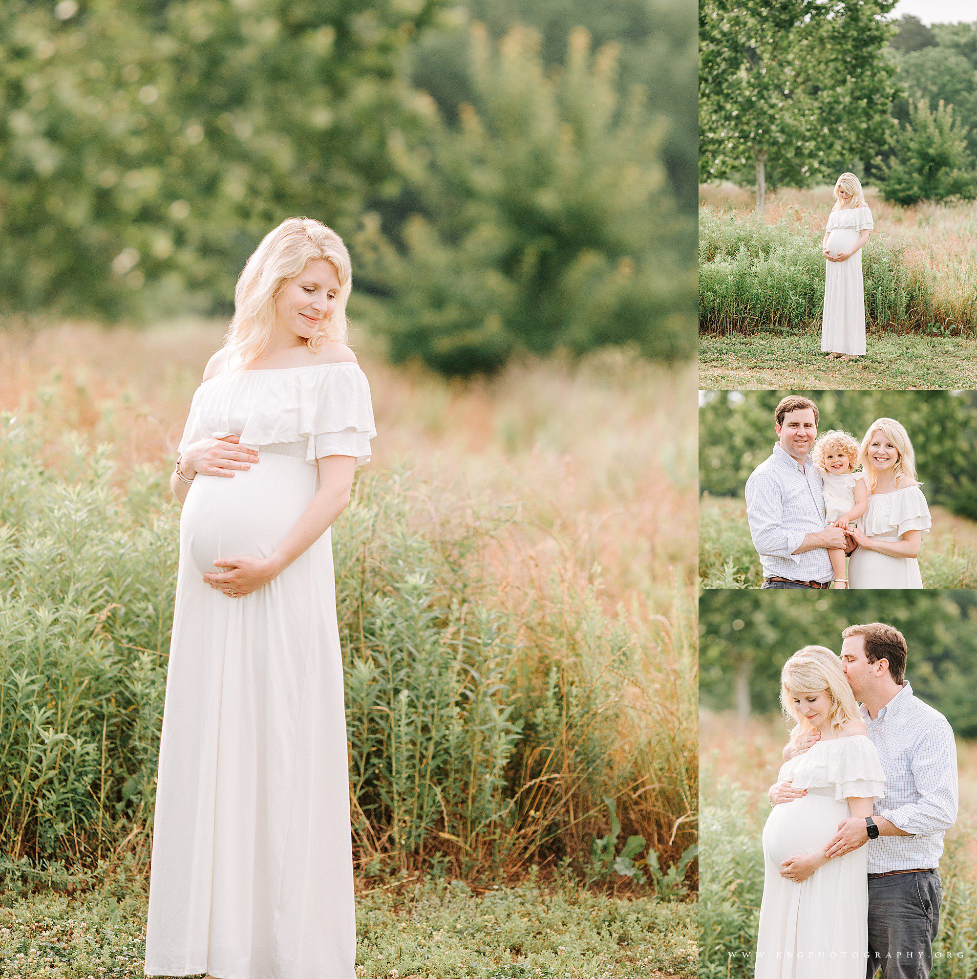 atlanta maternity photographer - collage of woman posing in a field, husband, and two year old daughter