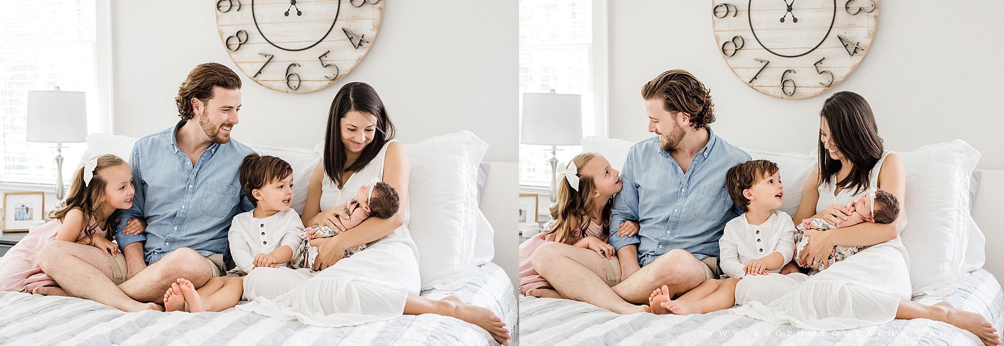 kennesaw baby photographer - family holding newborn baby girl on bed 