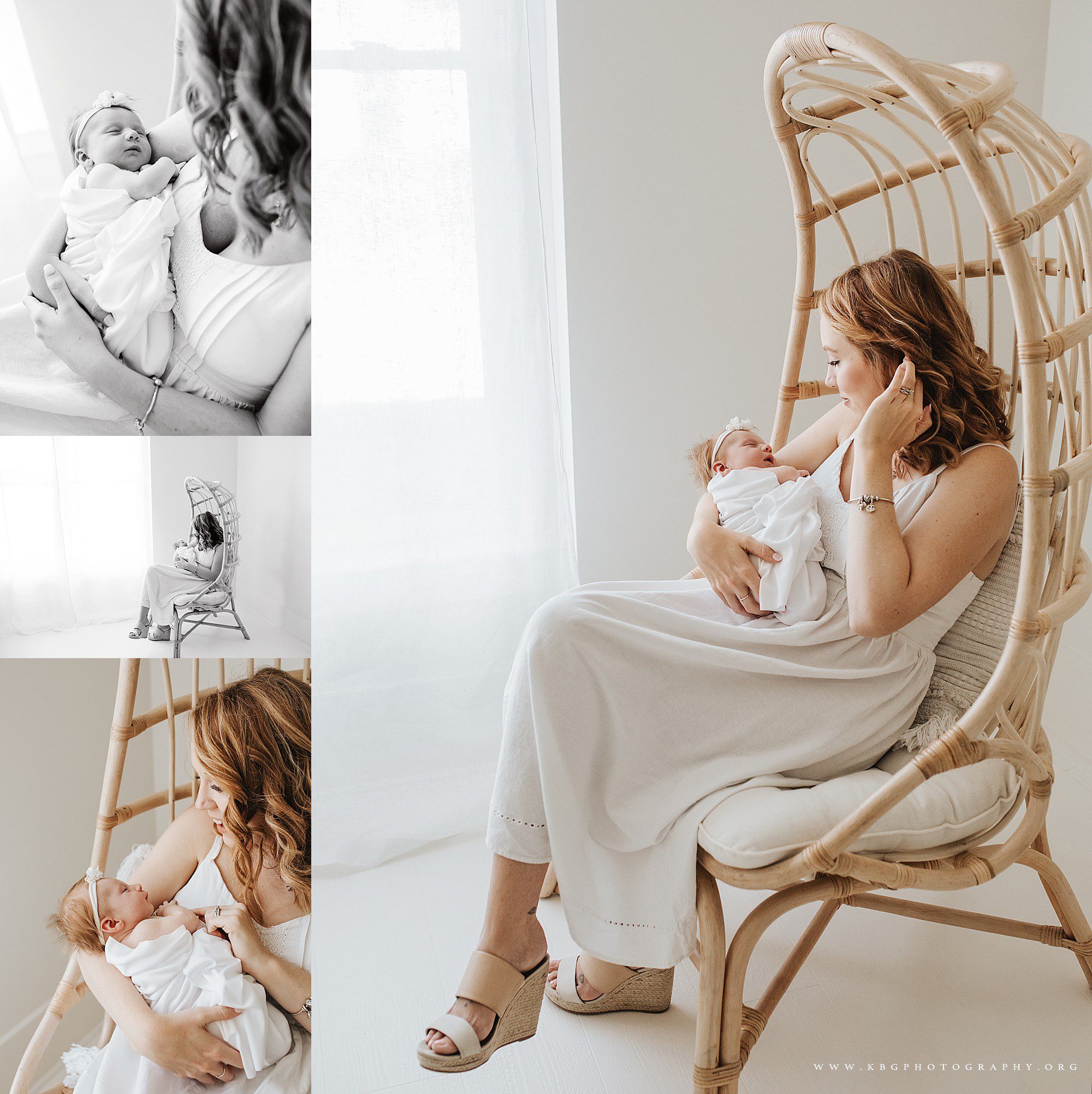 atlanta family photographer - mom holding newborn baby girl in chair 