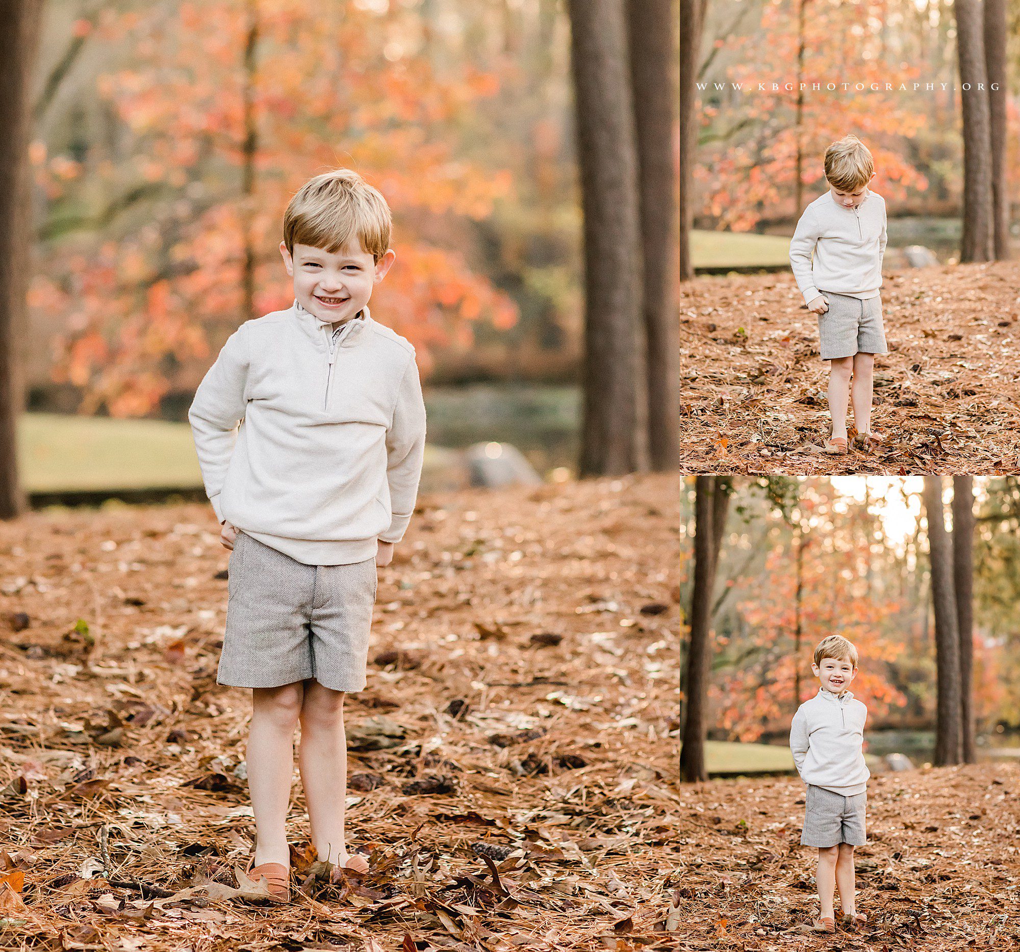 atlanta child photographer - boy posing in the fall leaves
