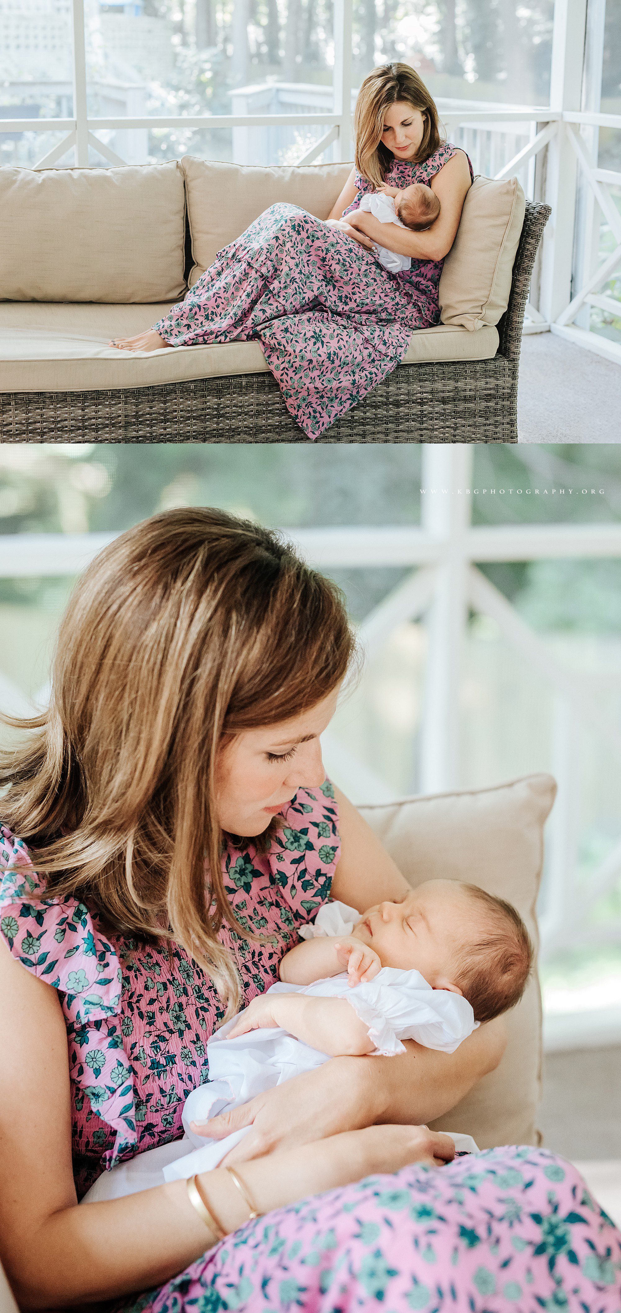brookhaven in home newborn session - mom and baby on porch