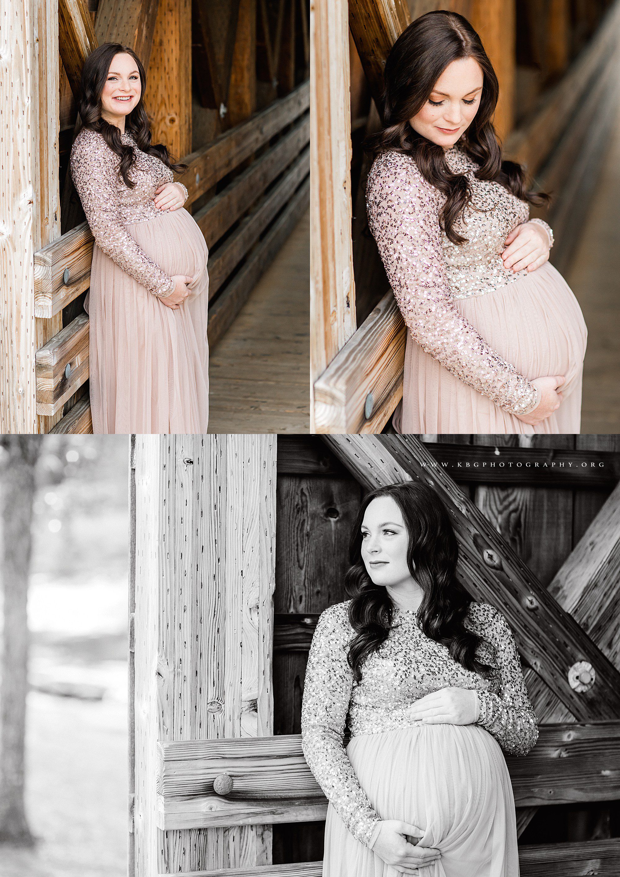 expecting mother posing under a covered bridge in garrard landing park - roswell maternity photographer