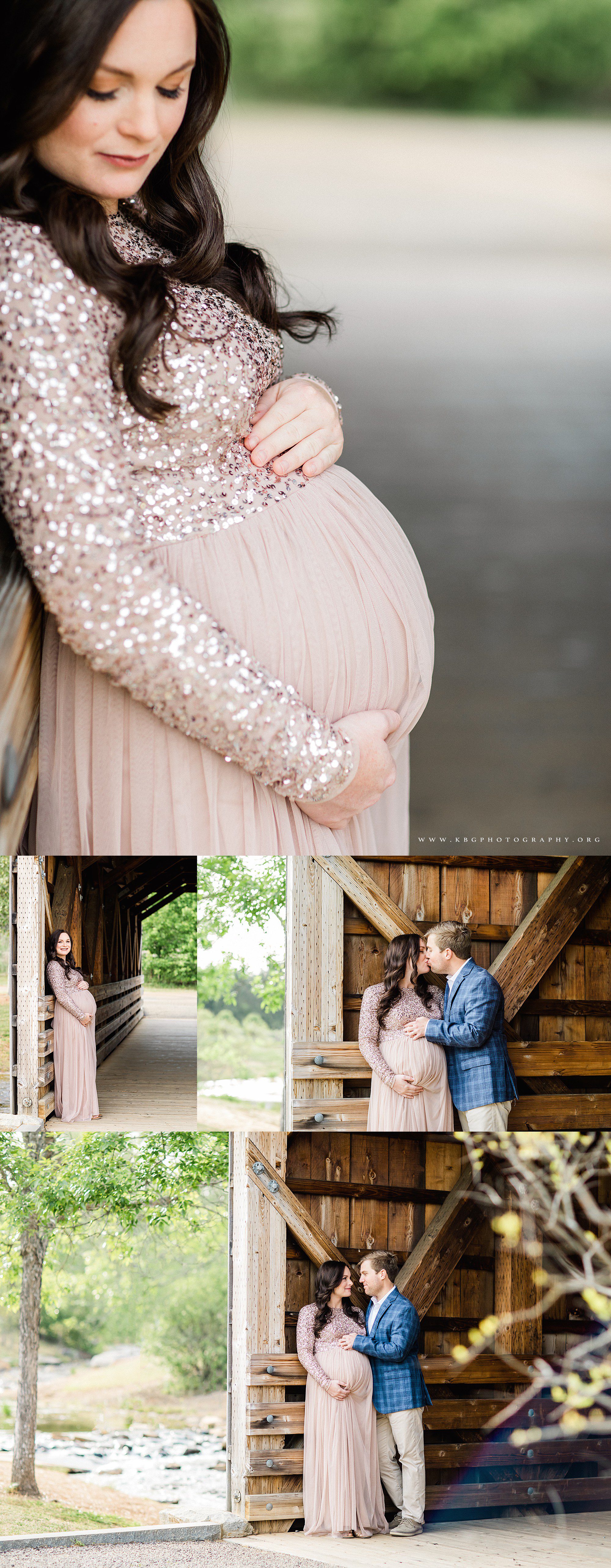 expecting couple posing under covered bridge in garrard landing park - atlanta maternity session