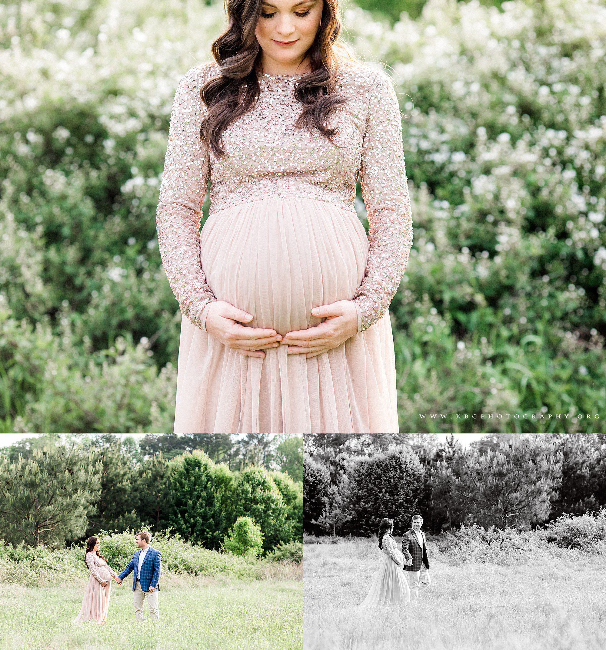expecting couple walking in the field - marietta newborn photographer