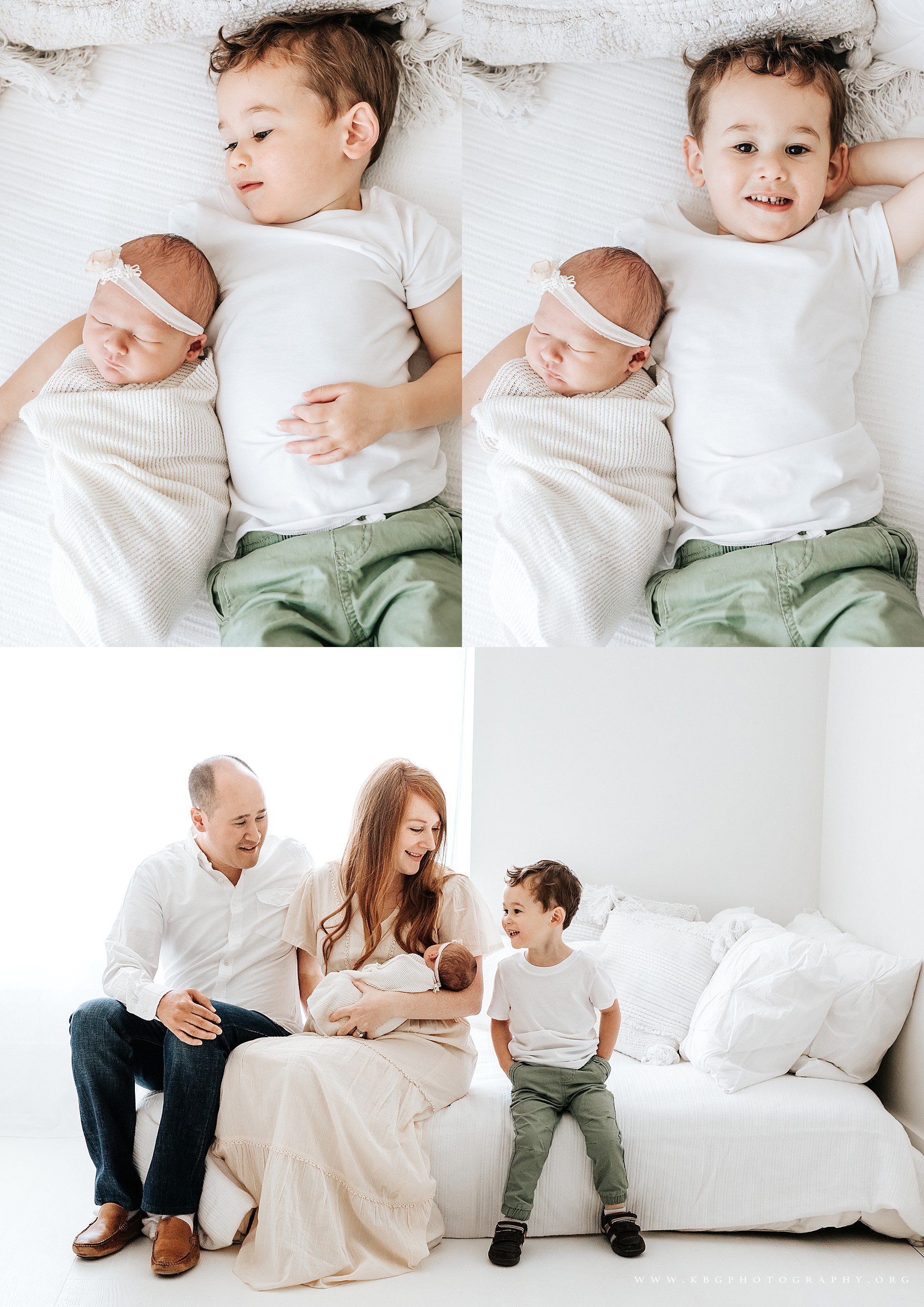 big brother holding baby sister on bed - marietta newborn session