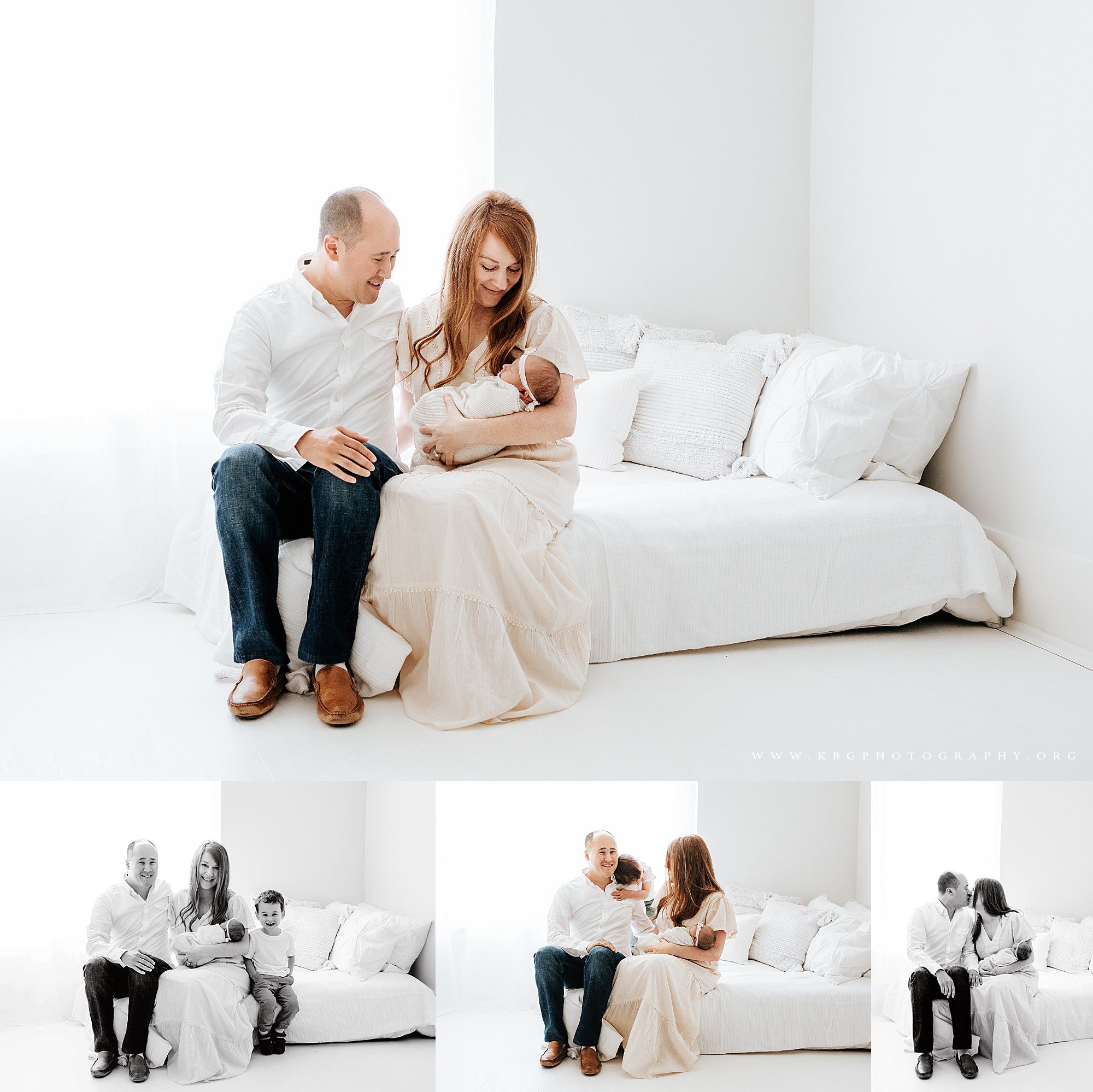 family of four posing on studio bed - atlanta studio newborn session