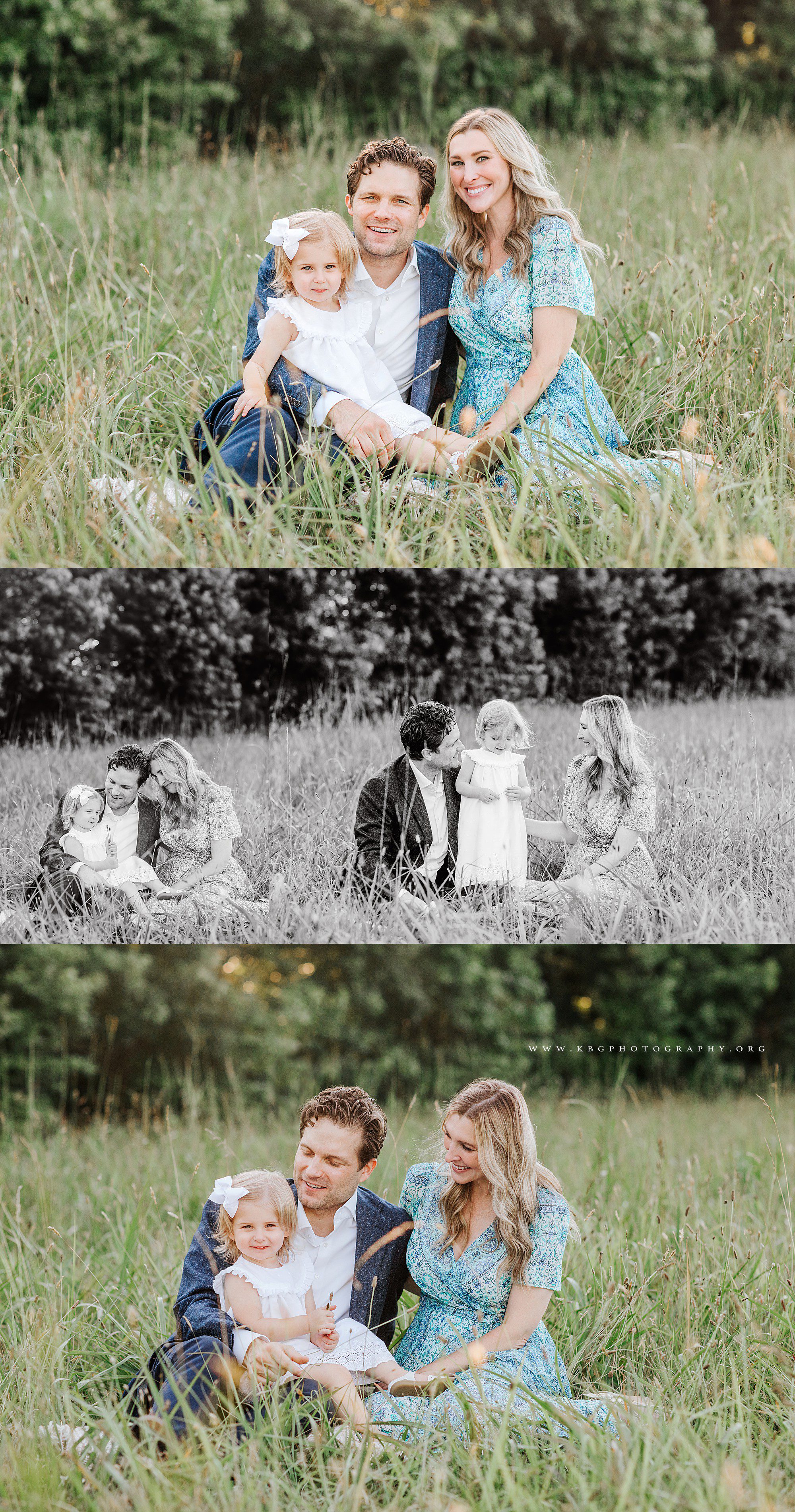 family of three posing in a field - marietta family photography