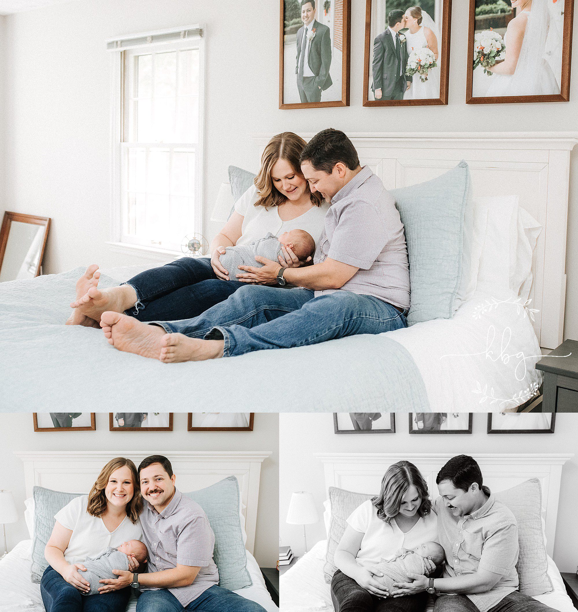 new parents holding baby boy on their bed - vinings newborn photographer 