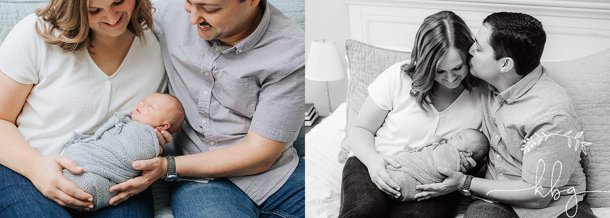 new parents holding baby on their bed - smyrna newborn photographer
