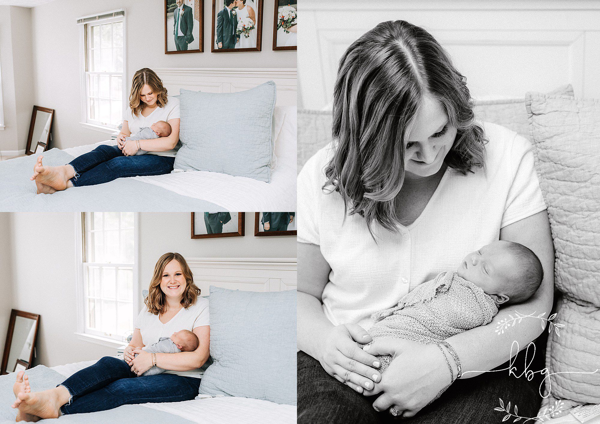 new mom holding baby boy on her bed - smyrna newborn photographer