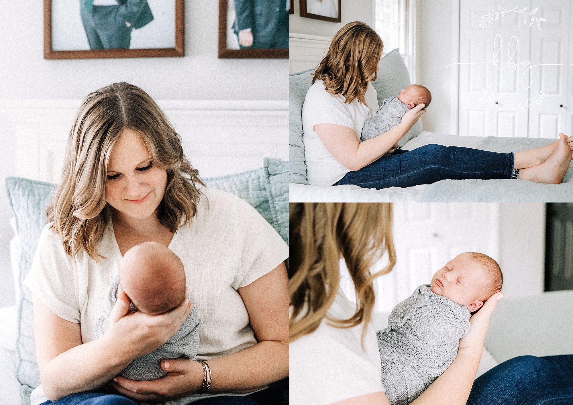 new mom holding baby on her bed - vinings newborn photographer
