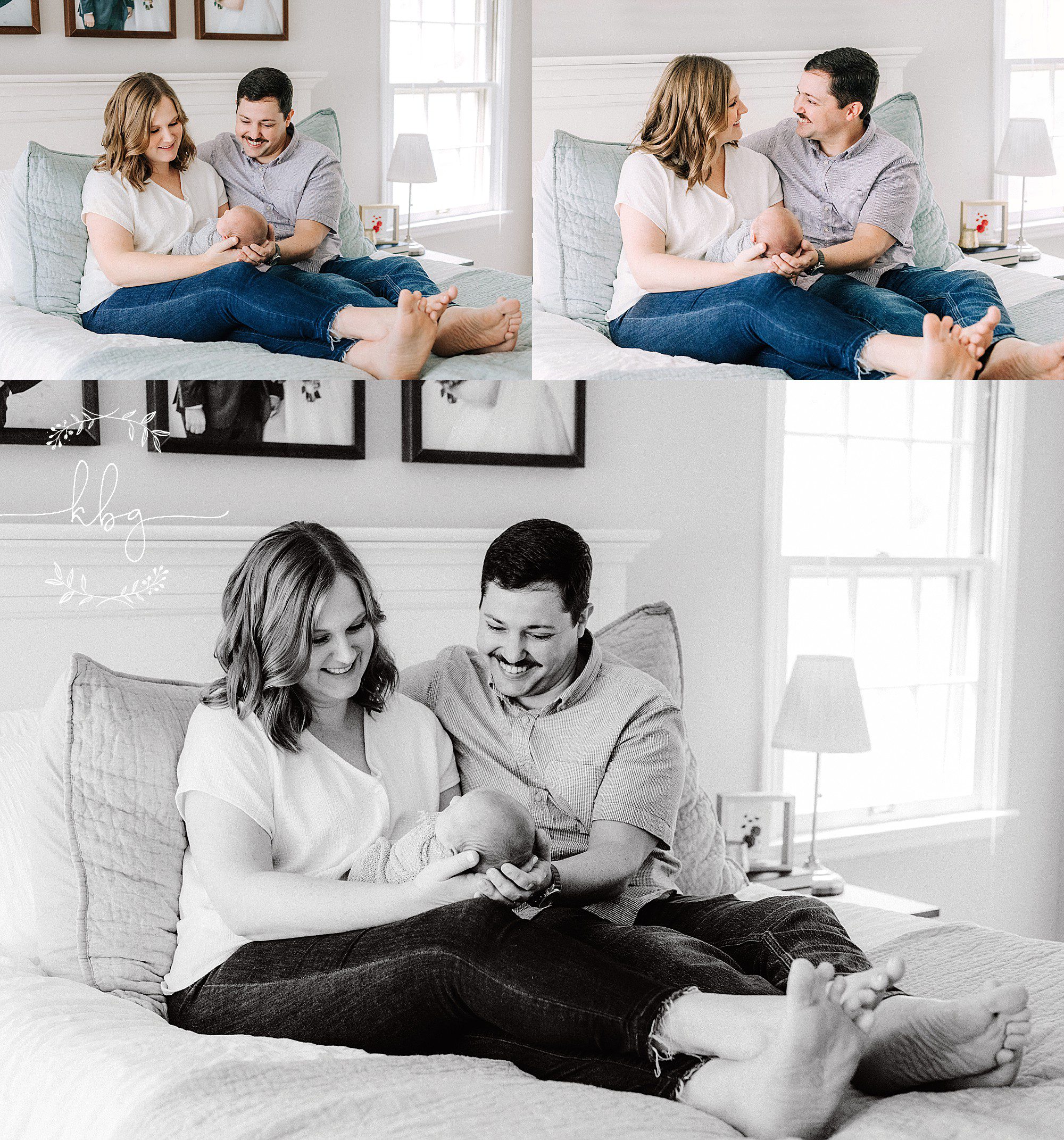 new parents holding baby on their bed - marietta family photographer