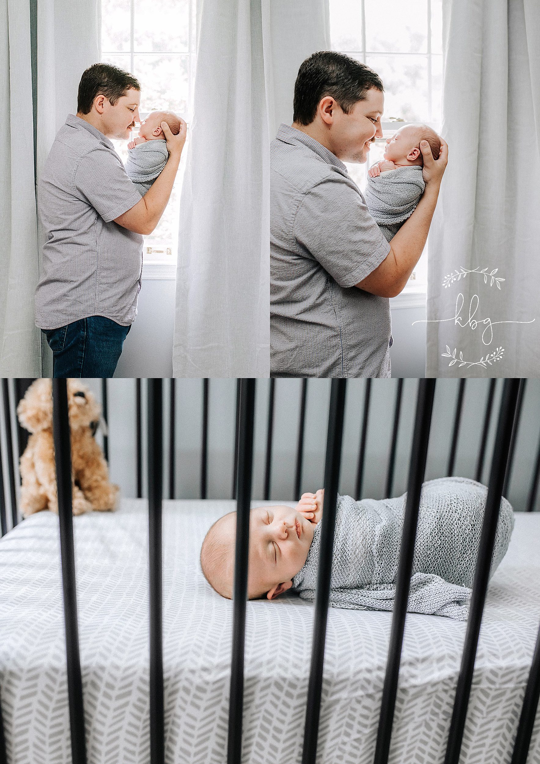 new dad holding baby in nursery and baby laying in his crib - marietta newborn photographer