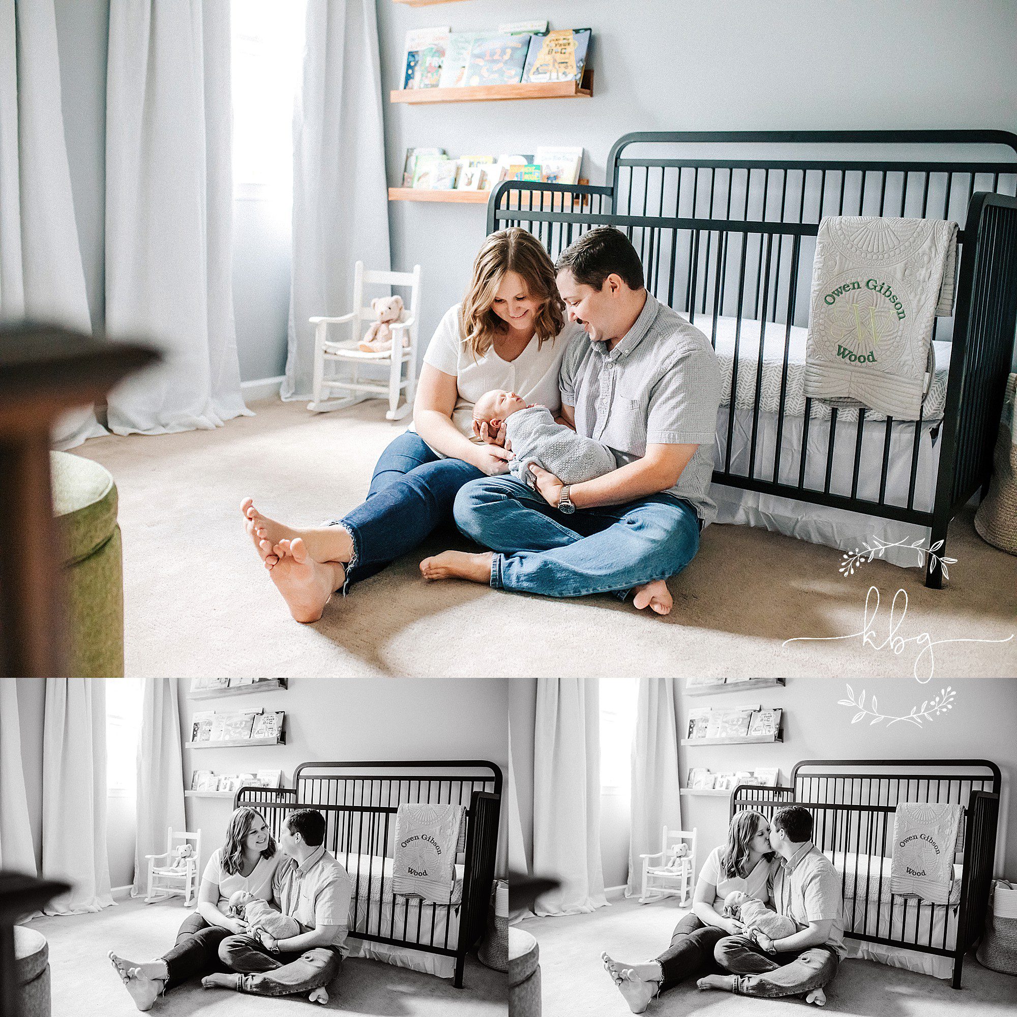 new parents sitting and holding new baby in nursery - vinings newborn photographer