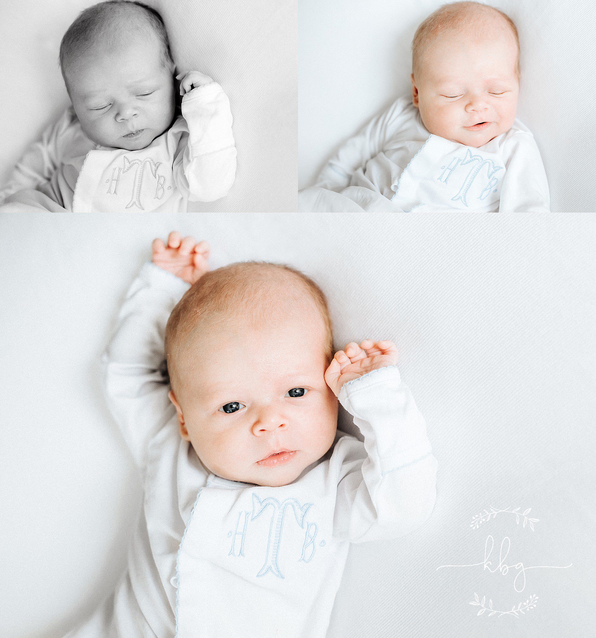 newborn baby on white blanket - monogram onesie - marietta newborn photographer