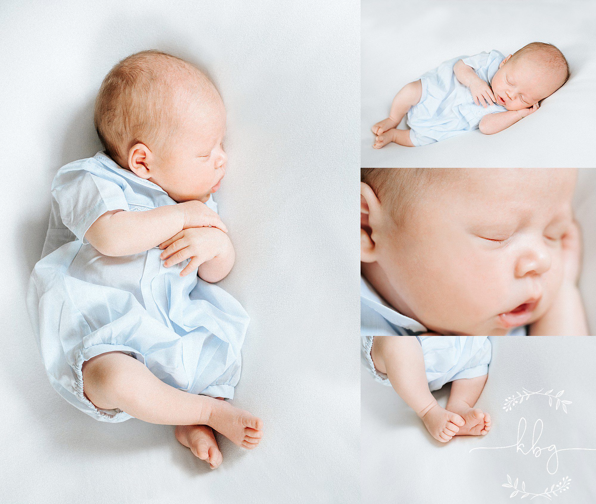 baby boy on white blanket in blue bubble outfit - marietta newborn session 