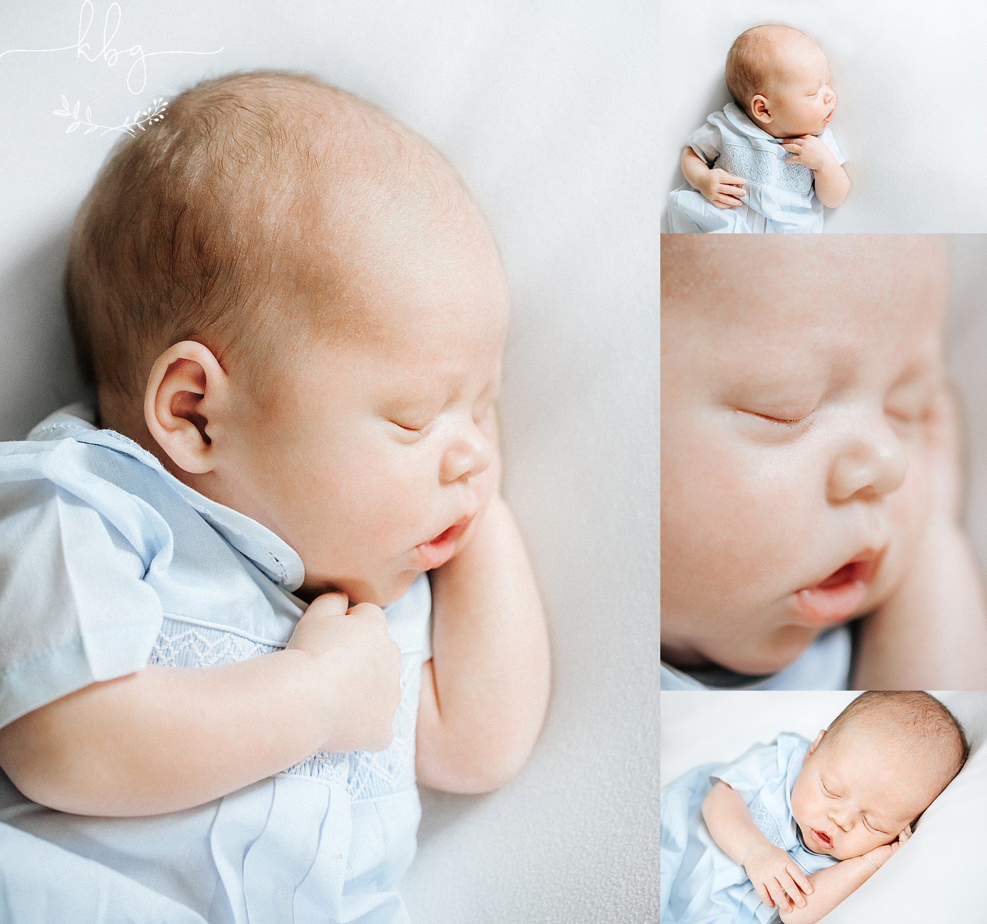 newborn baby boy on white blanket in blue bubble outfit - atlanta in home newborn session
