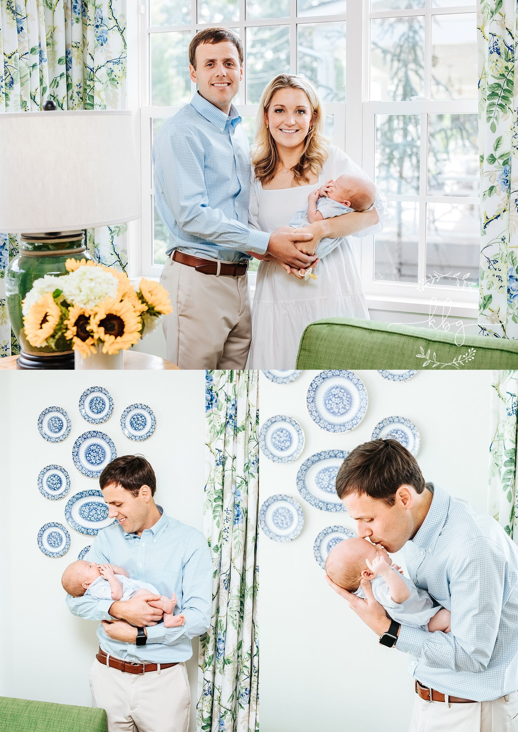 new parents holding baby by window and dad kissing new baby boy - marietta newborn photographer