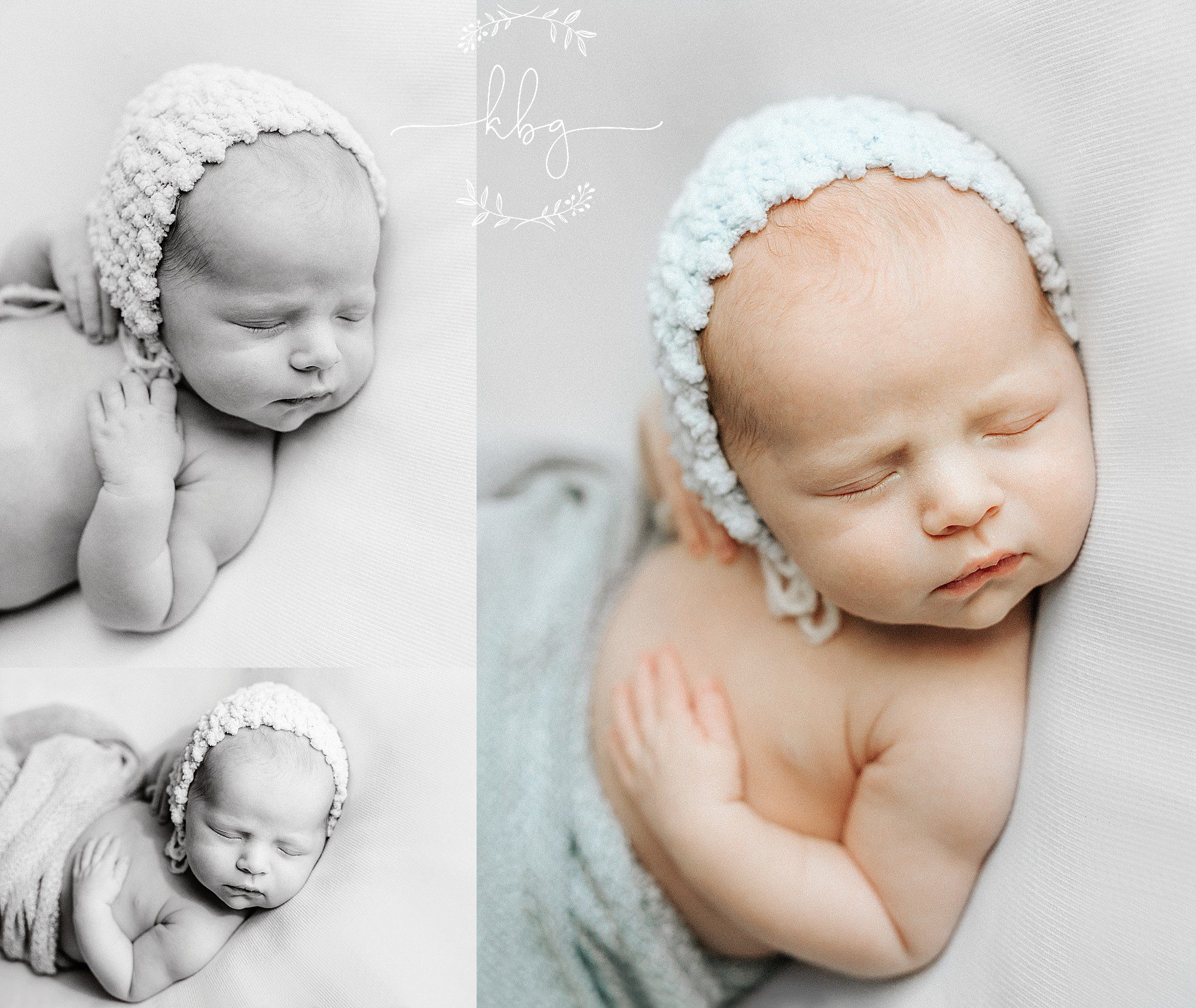newborn baby boy in blue bonnet posing on beanbag - atlanta newborn photographer