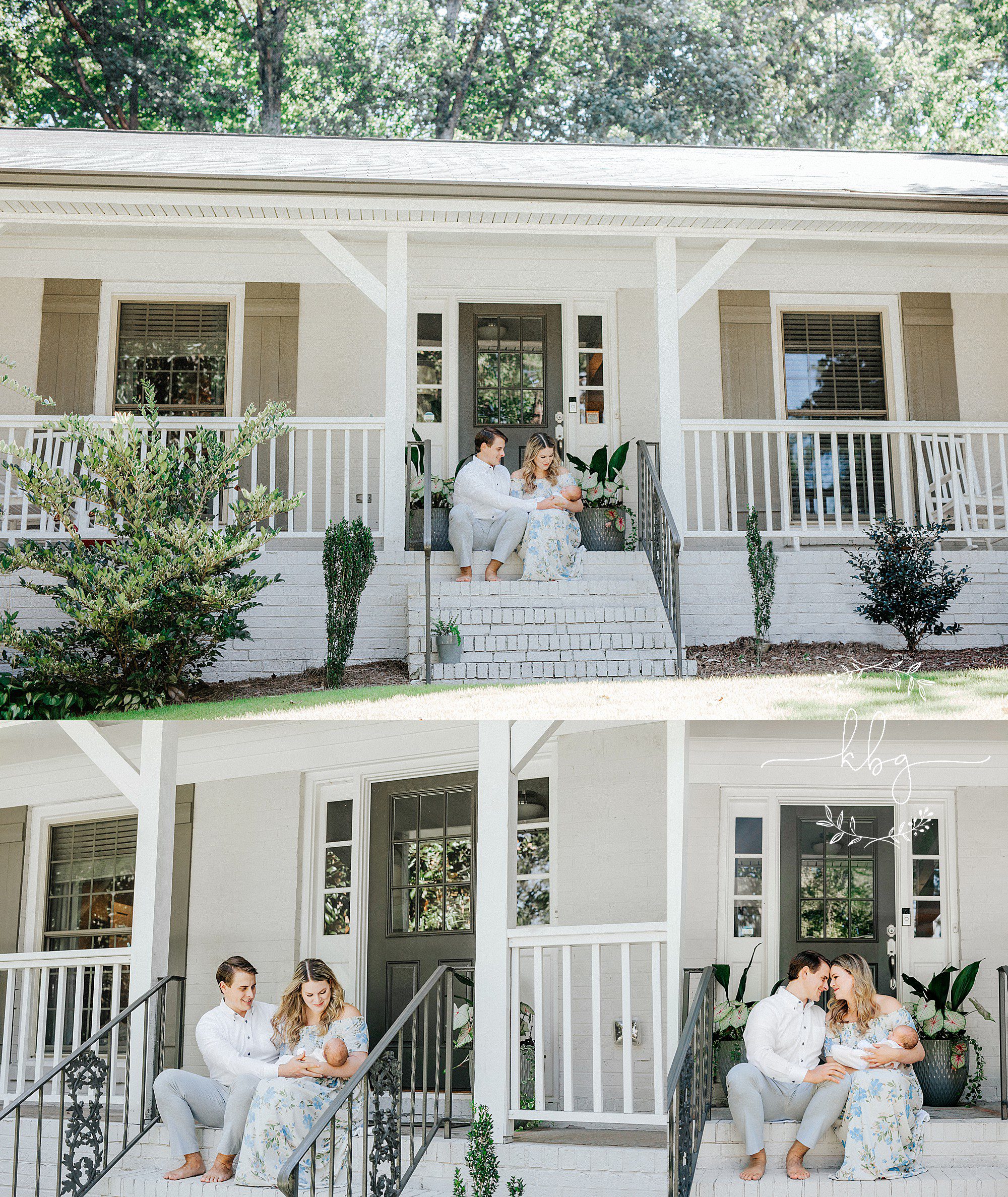 new mom and dad holding baby on the front steps of their home - atlanta lifestyle newborn photographer