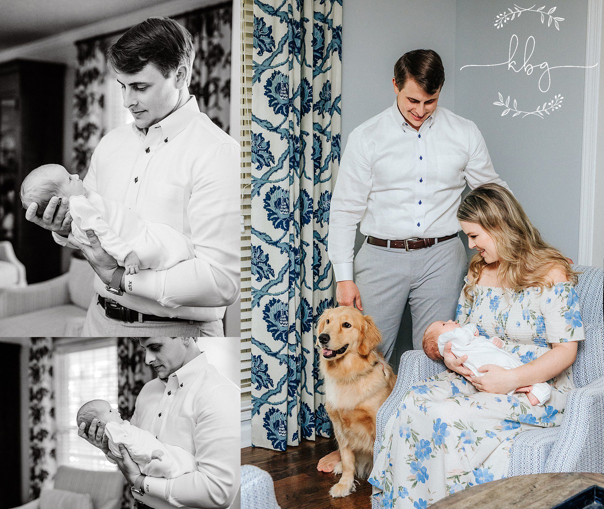 new family posing together with their golden retriever - marietta newborn photographer