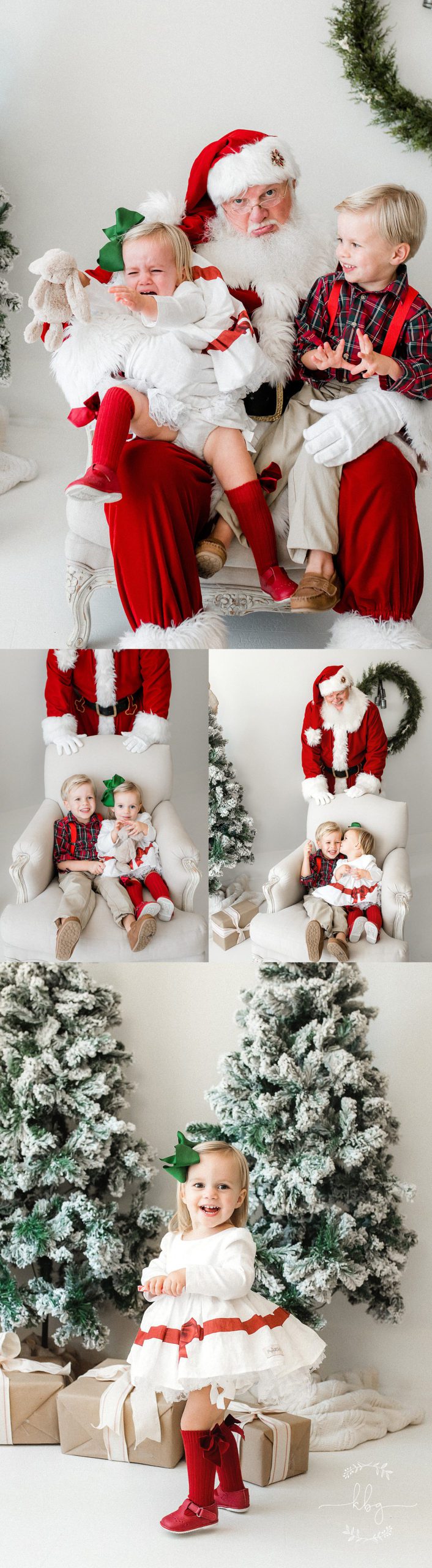 siblings sitting on santa's lap and crying - marietta family photographer santa sessions