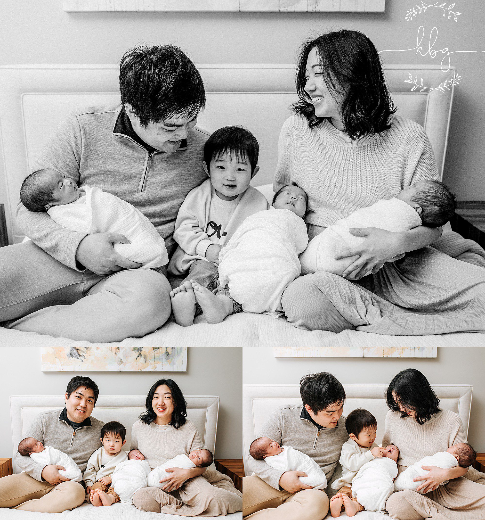 atlanta newborn family photographer - new family of six cuddling on the bed