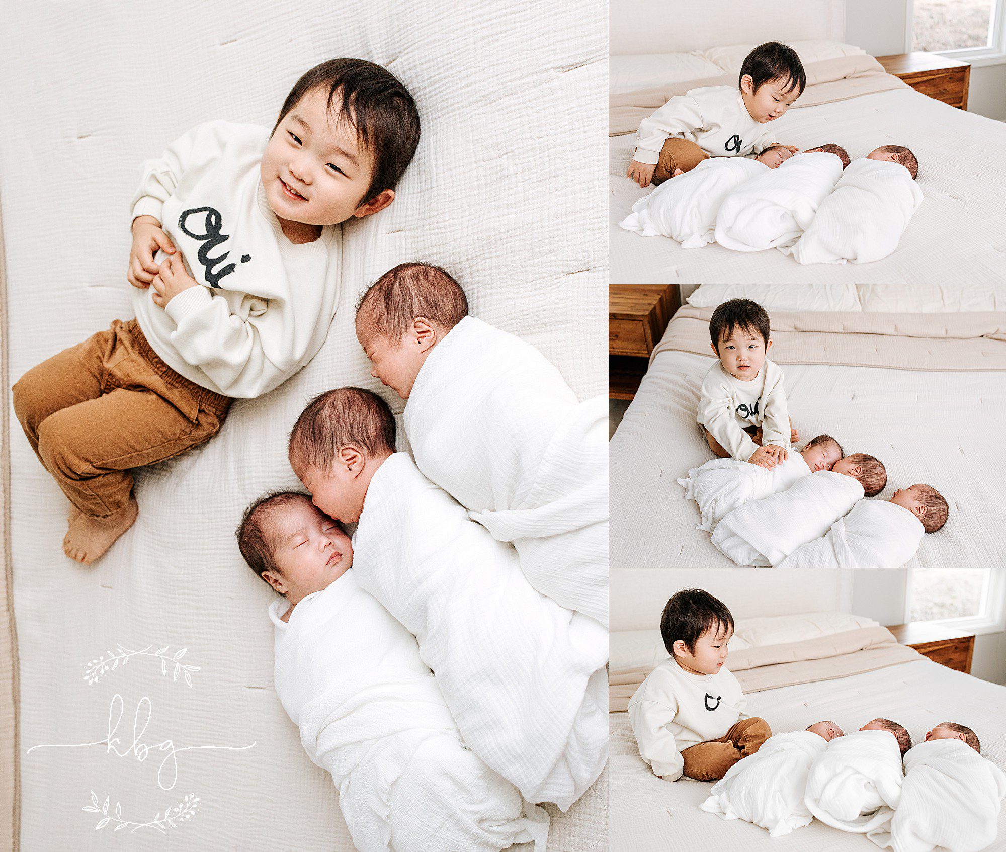atlanta baby photographer - big brother posing with triplet newborn brothers