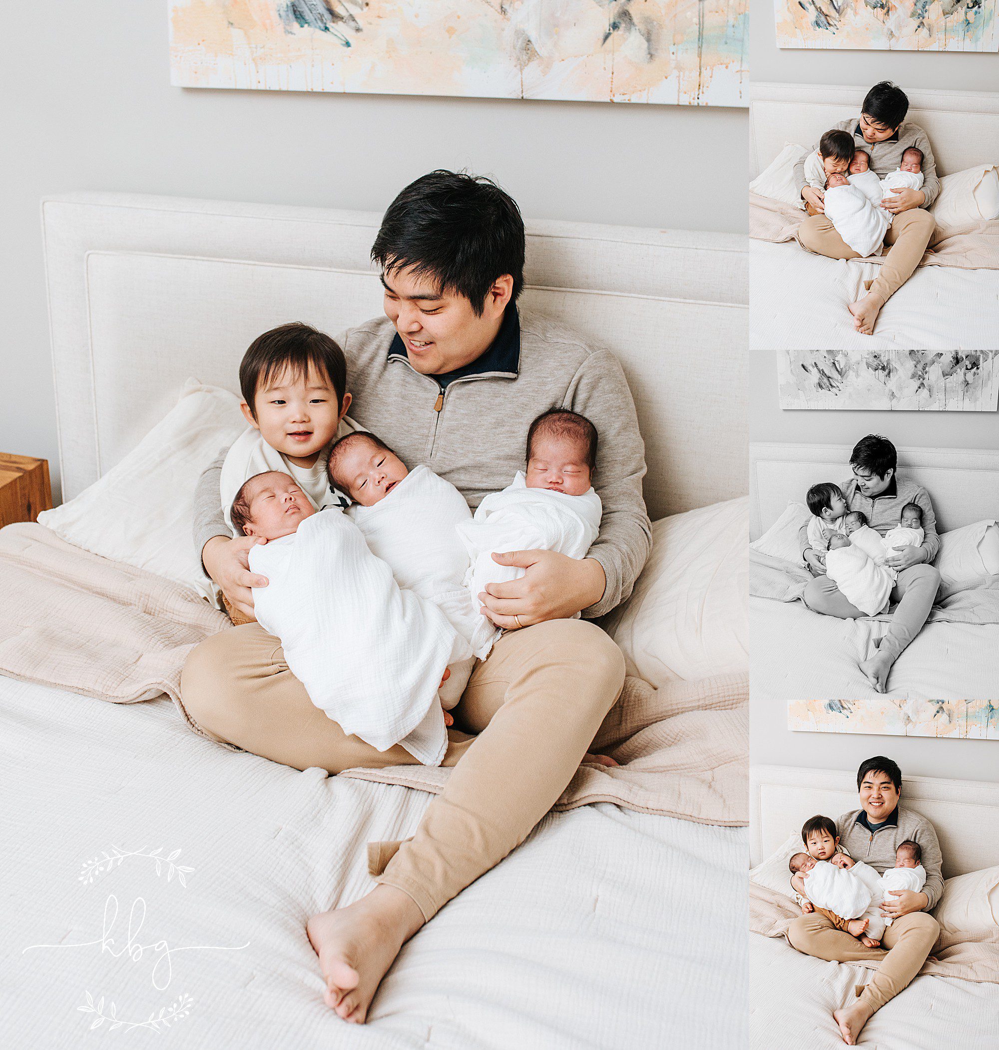 atlanta family photographer - dad posing with triplet newborns and big brother 