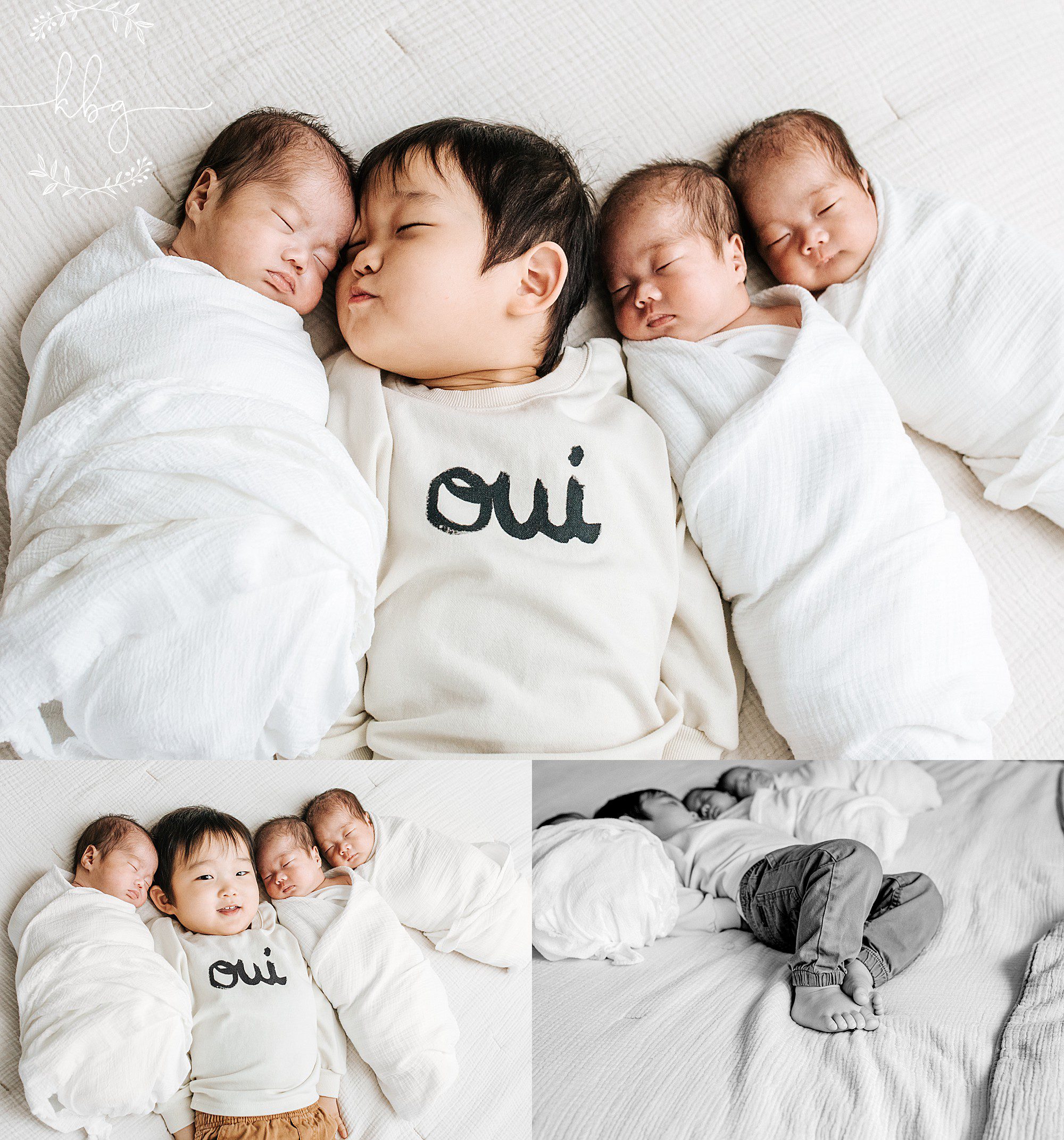 marietta newborn photographer - big brother posing with triplet newborn siblings 