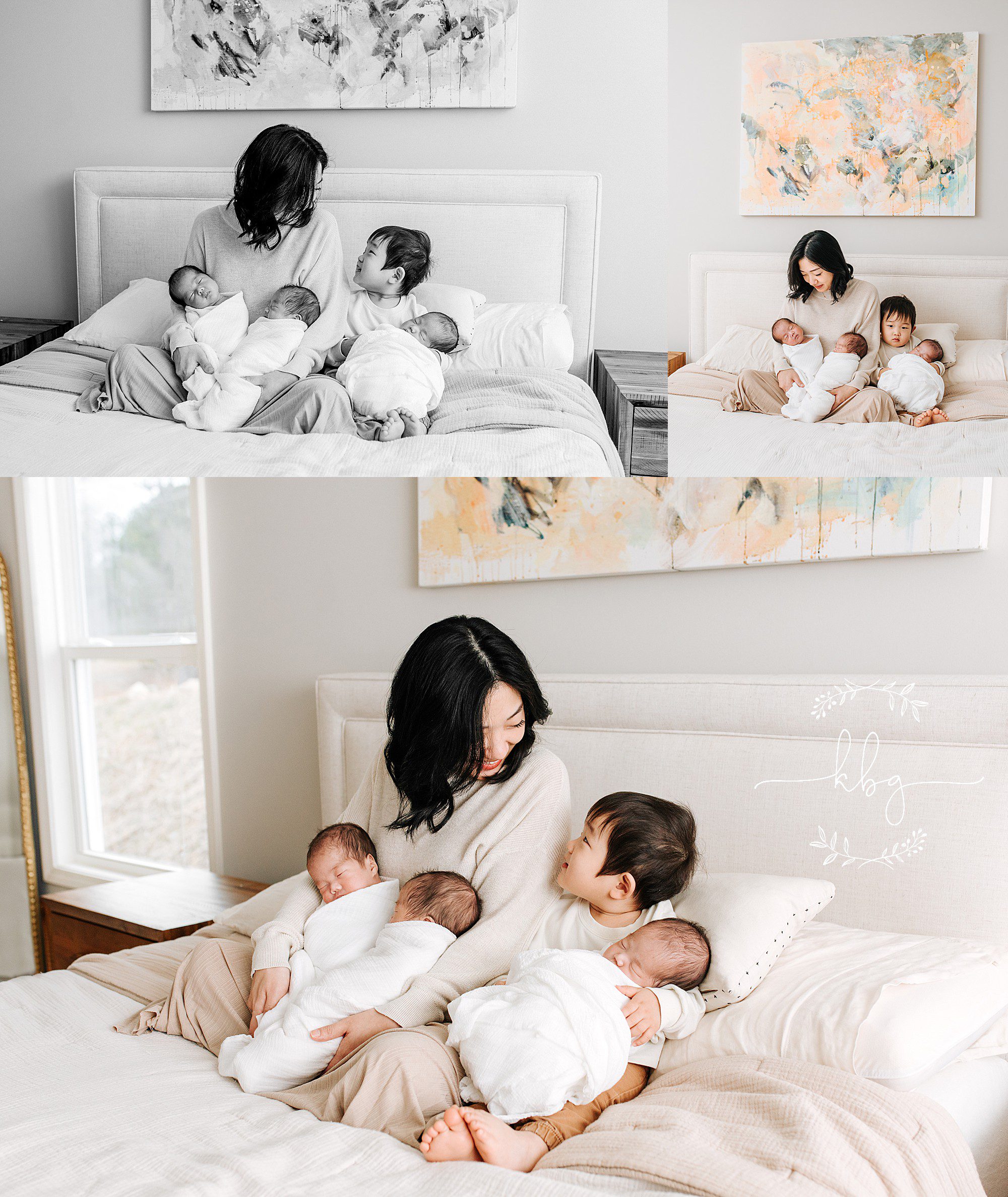atlanta family photographer - mom posing with big brother and triplet newborn babies