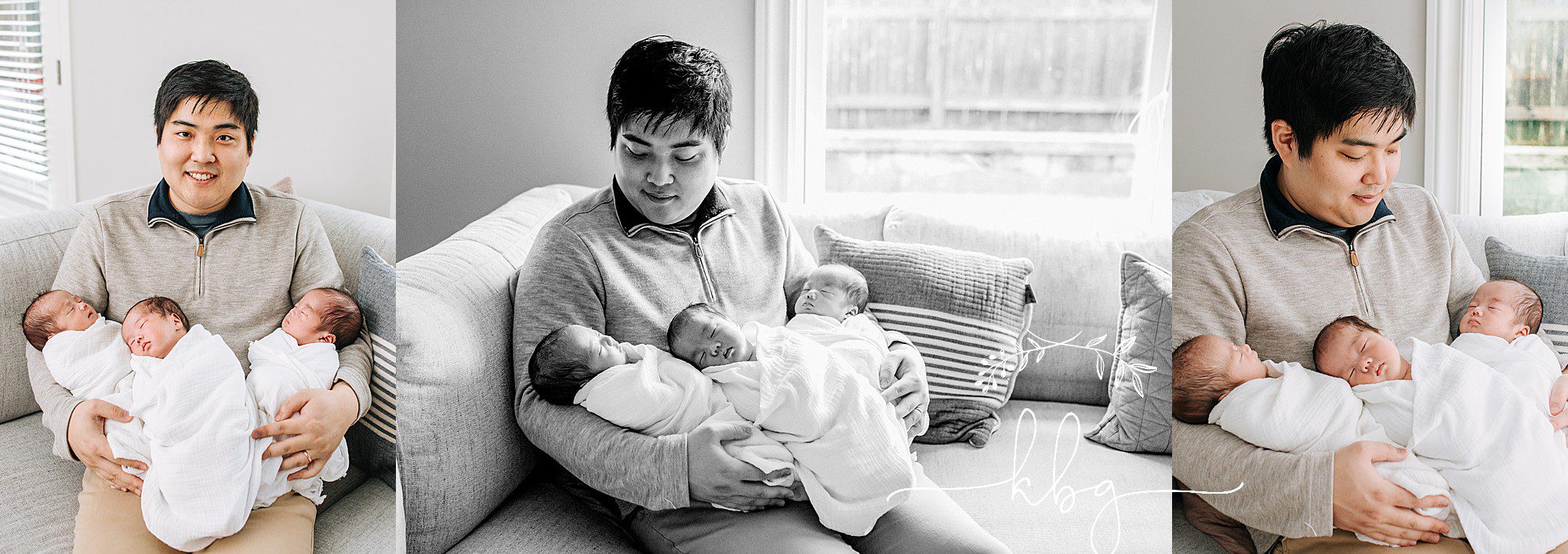 marietta newborn photographer - dad posing with his new triplet babies 