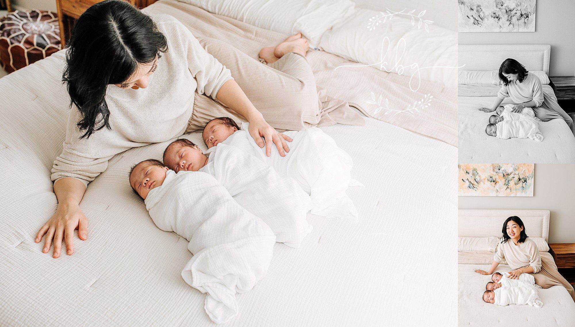 atlanta newborn photographer - mom posing on bed with triplet newborns