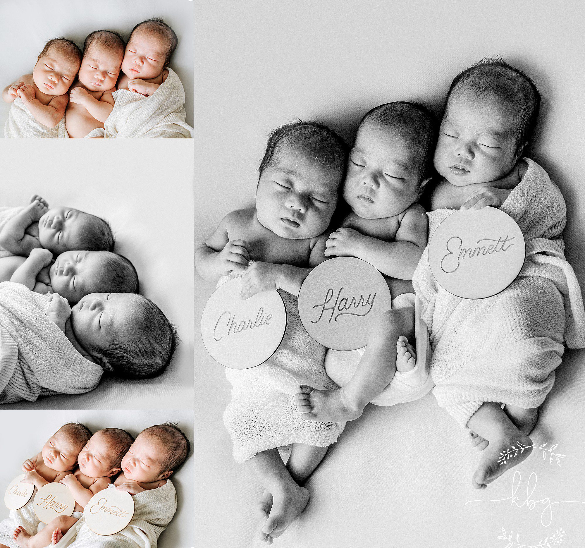 smyrna newborn photographer - triplet boys posing on the beanbag