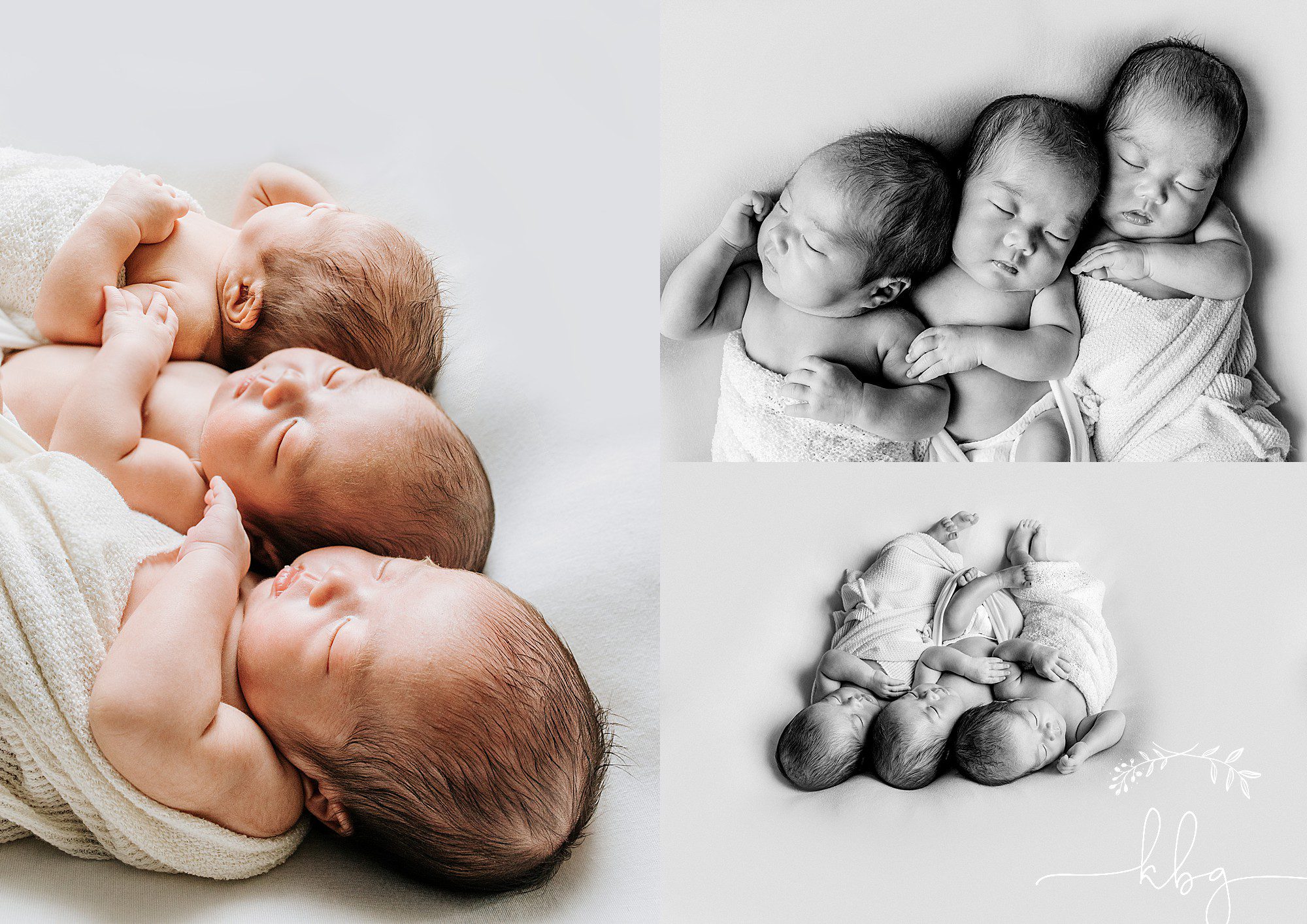 marietta newborn session - triplet newborn boys posing together on beanbag