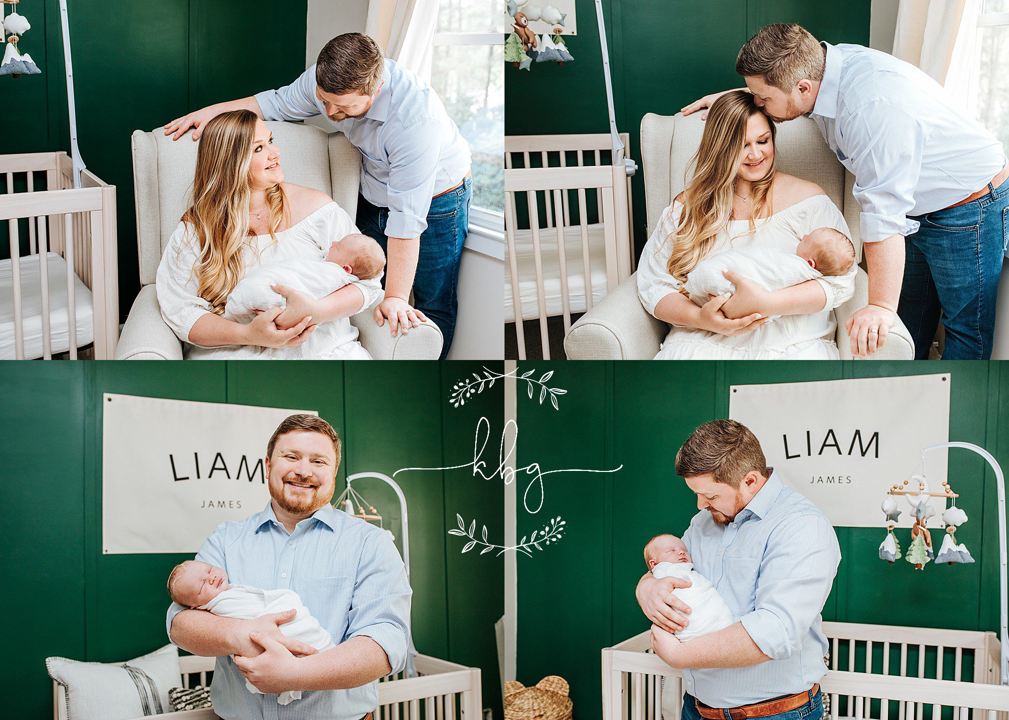 mom and dad posing with new baby in nursery - atlanta newborn photographer