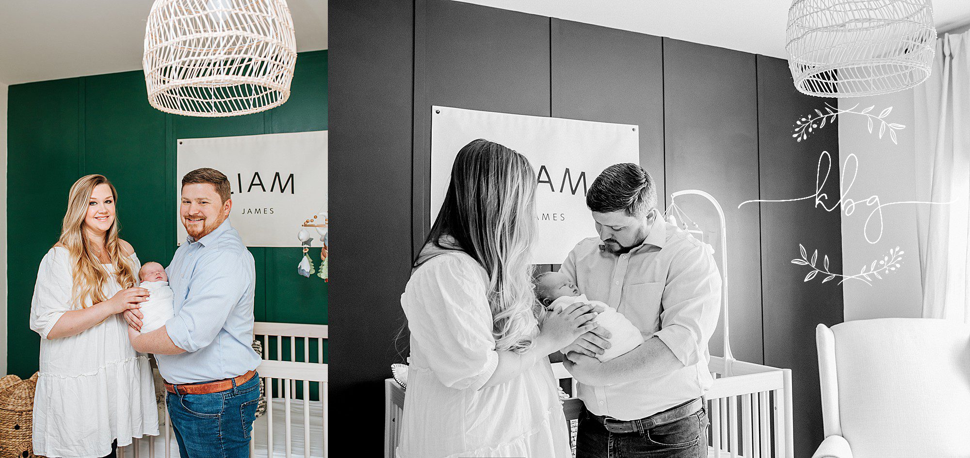 new parents posing with baby in nursery - marietta newborn session