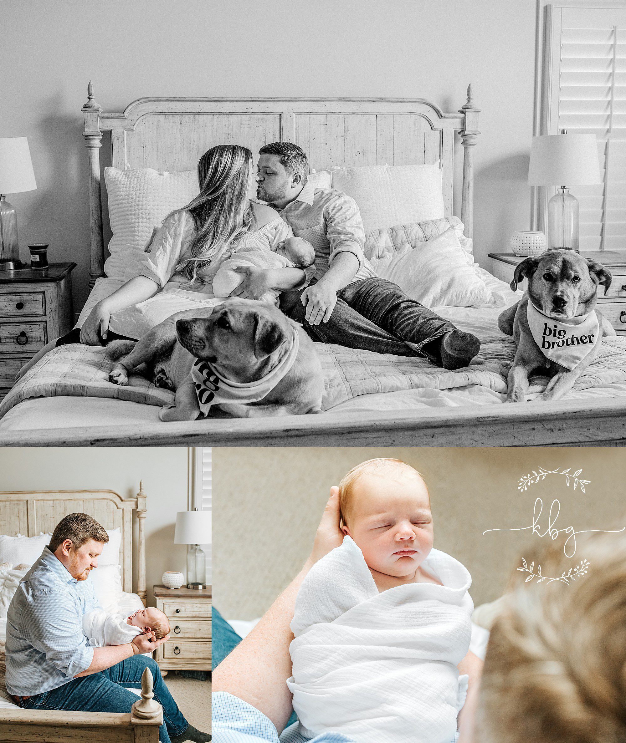 family posing with new baby on bed - marietta newborn session