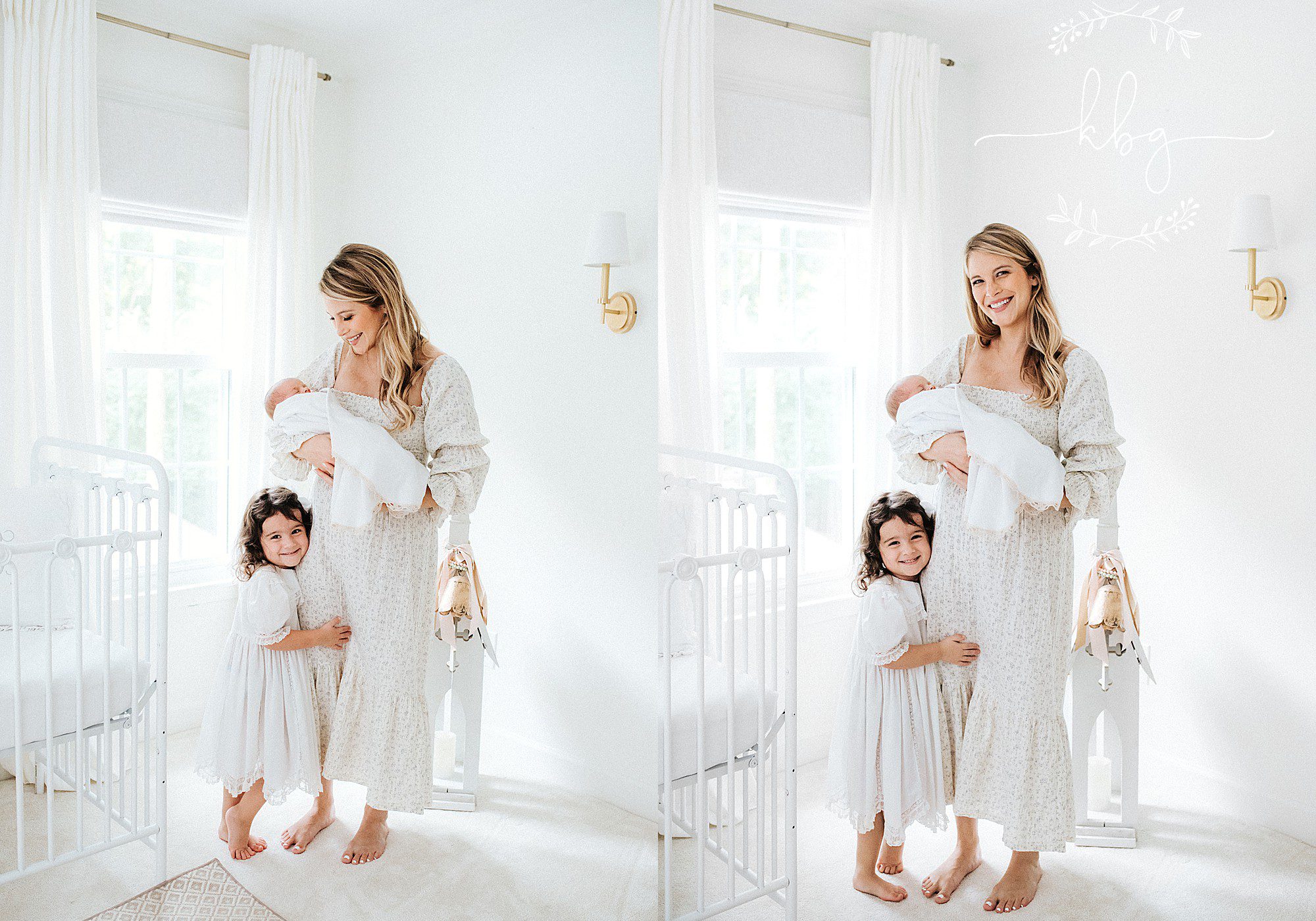 mom with her two girls standing in nursery posing - marietta newborn photographer