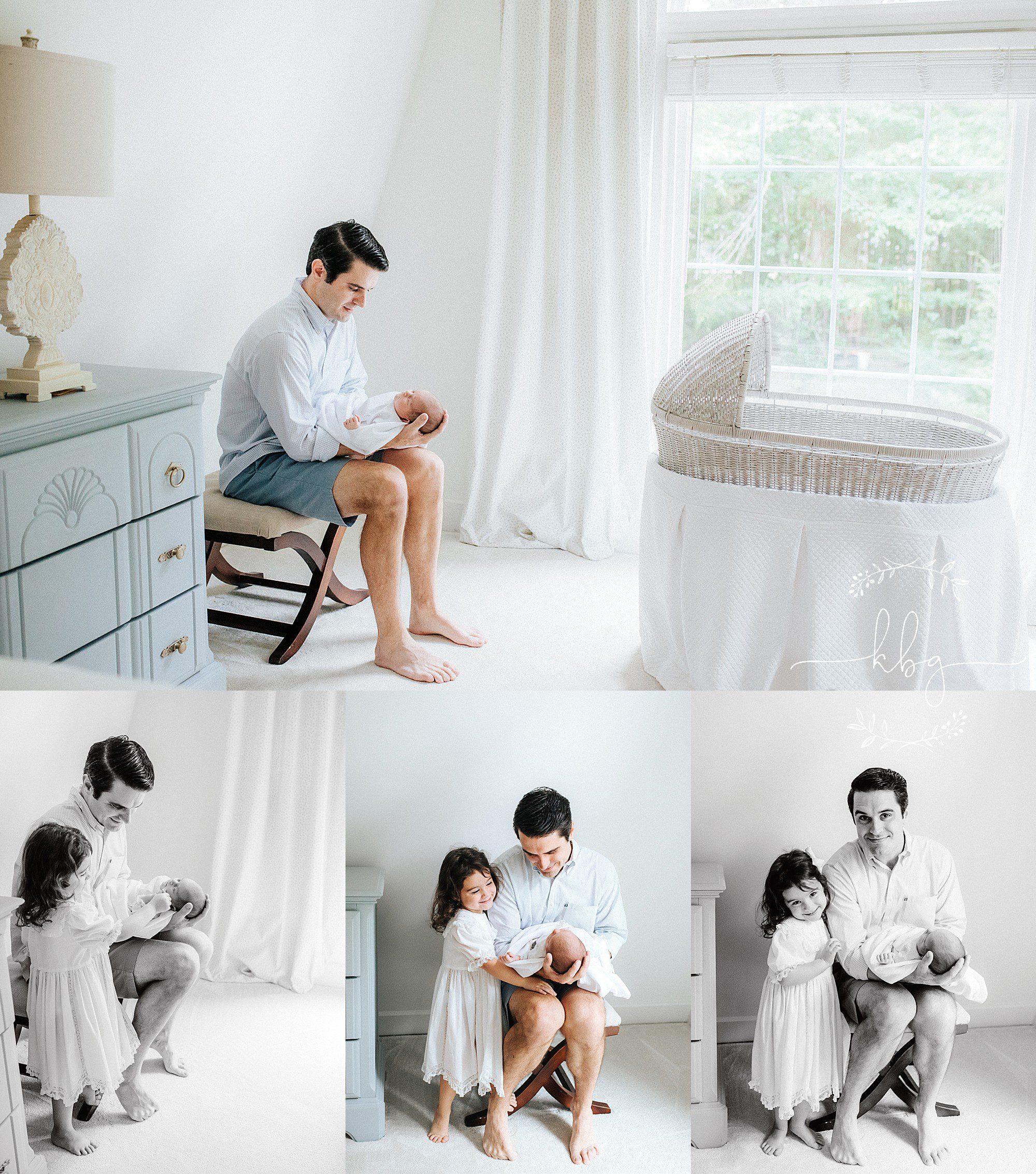 dad holding baby girl and cuddling with big sister in his bedroom - marietta family photographer